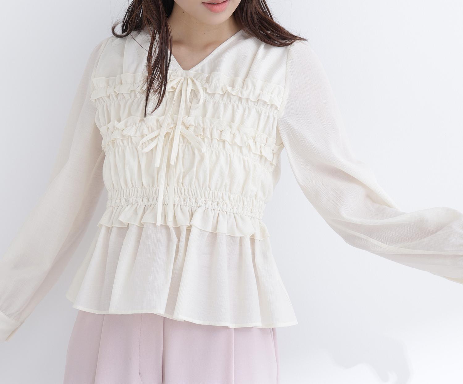 フロントリボンペプラム楊柳ブラウス オフホワイト1