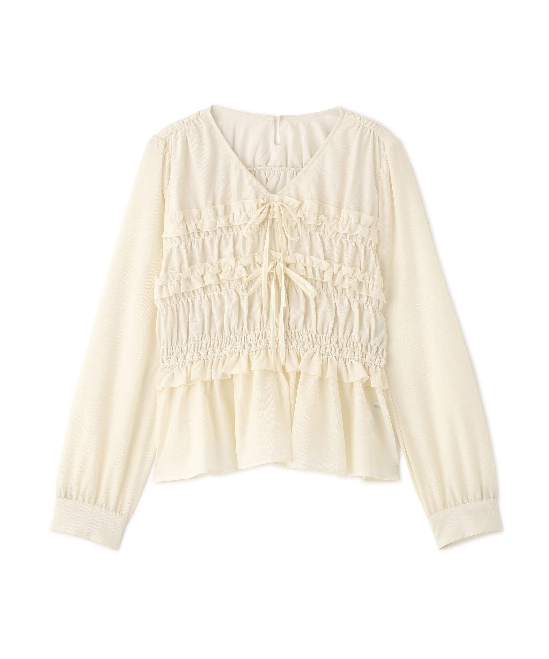 フロントリボンペプラム楊柳ブラウス オフホワイト1