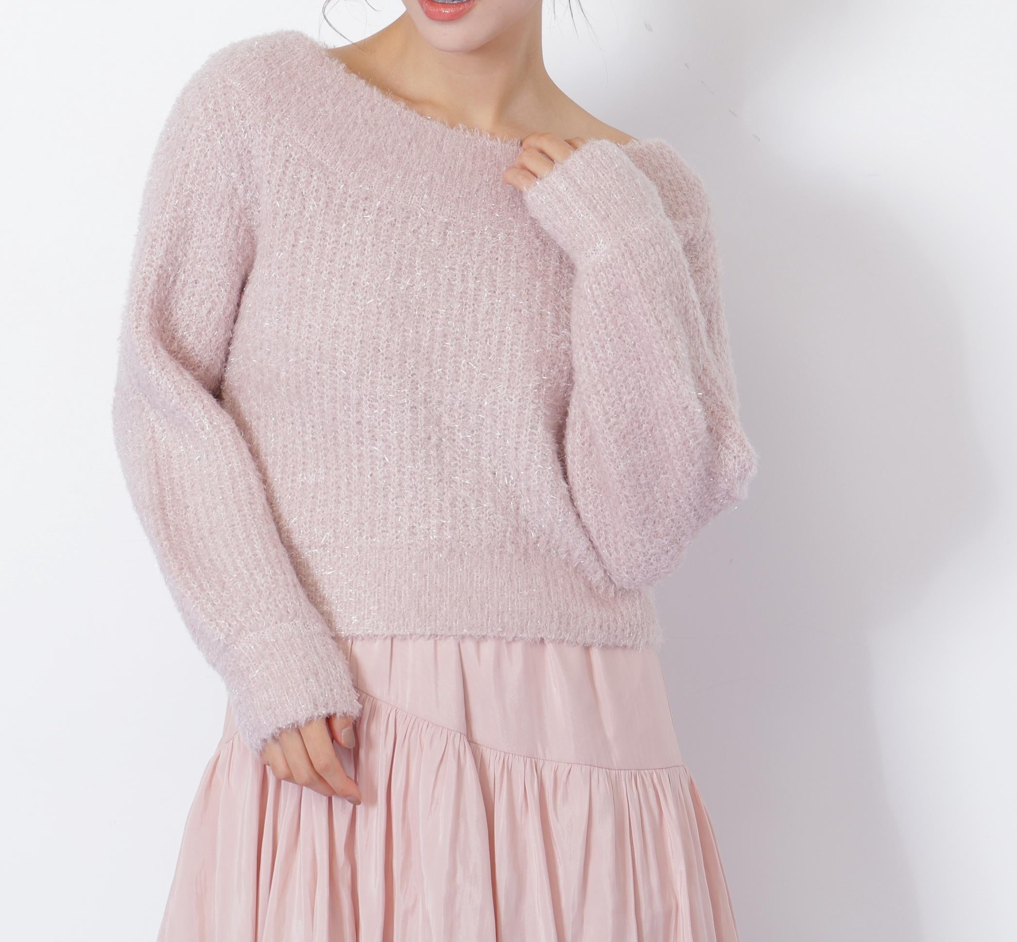 フィルムラメオフショルニット ピンク