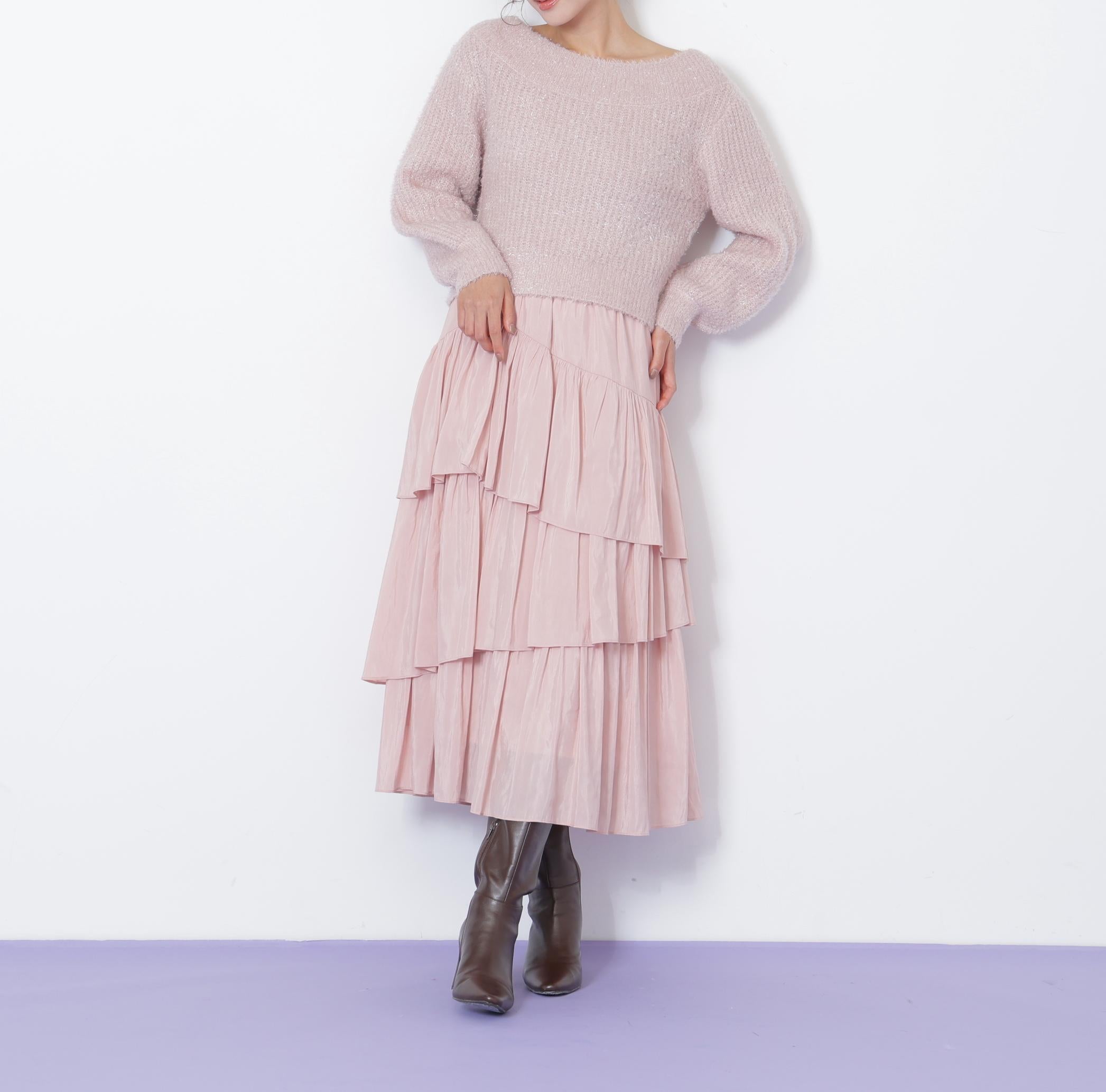 フィルムラメオフショルニット ピンク