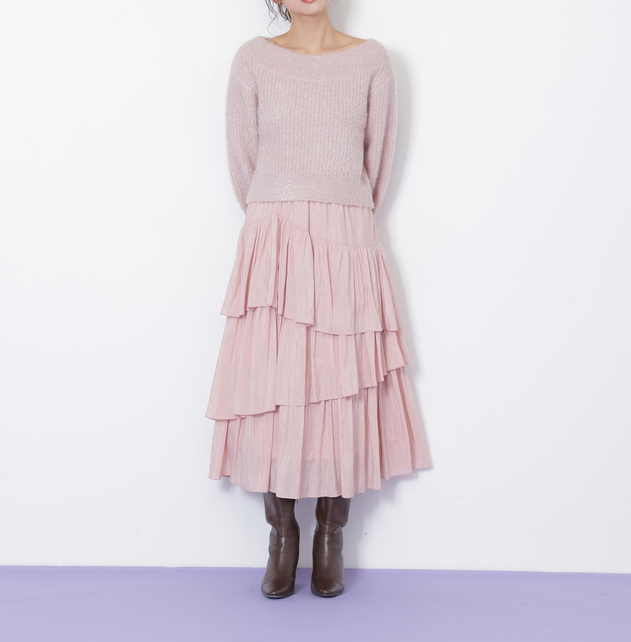 フィルムラメオフショルニット ピンク