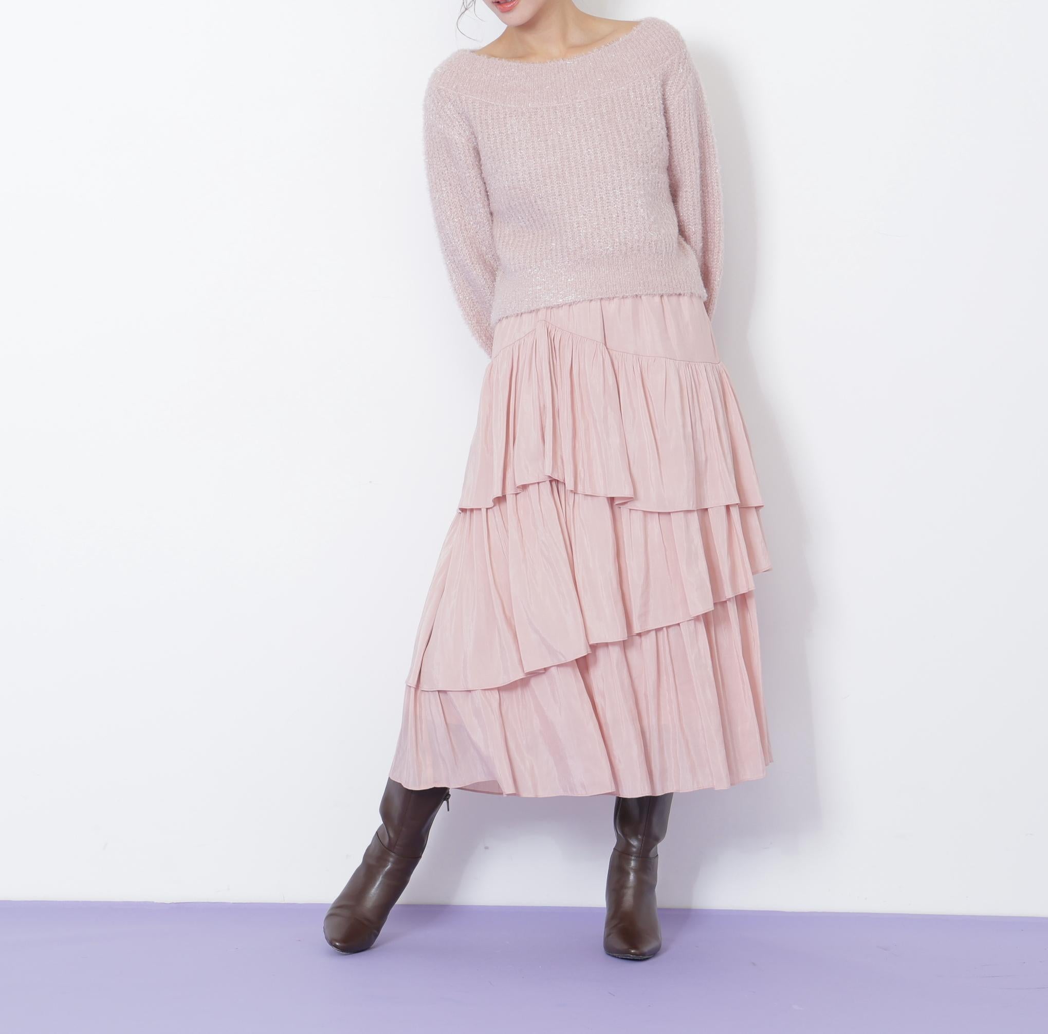 フィルムラメオフショルニット ピンク