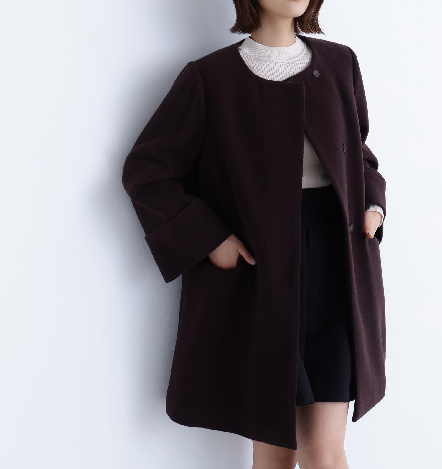 ノーカラーミドルコート ダークブラウン1