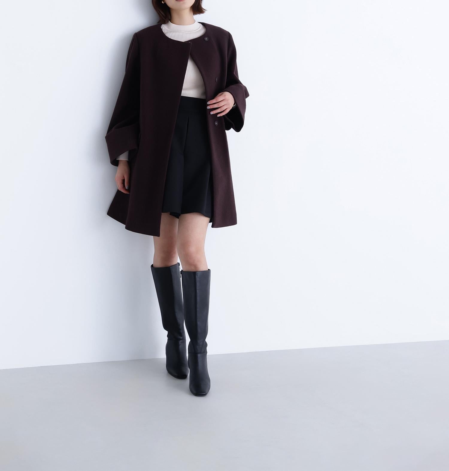 ノーカラーミドルコート ダークブラウン1