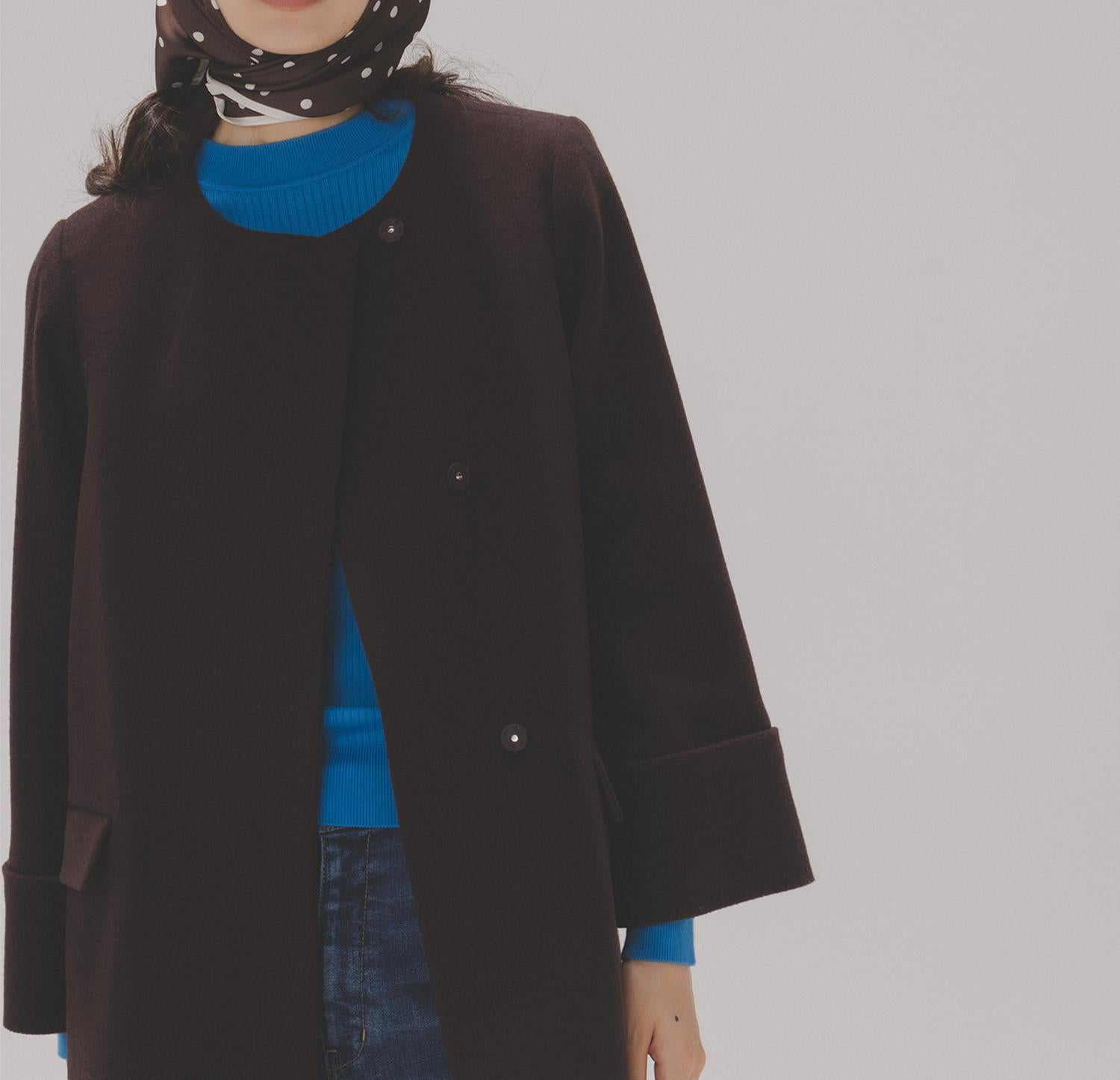 ノーカラーミドルコート ダークブラウン1