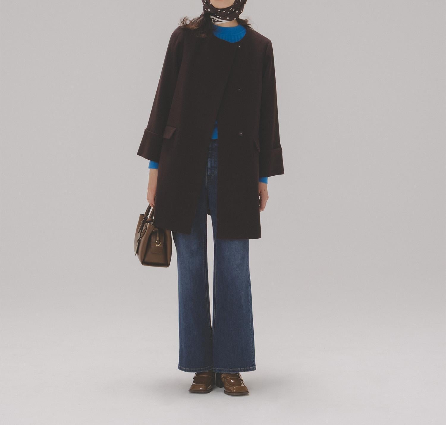 ノーカラーミドルコート ダークブラウン1