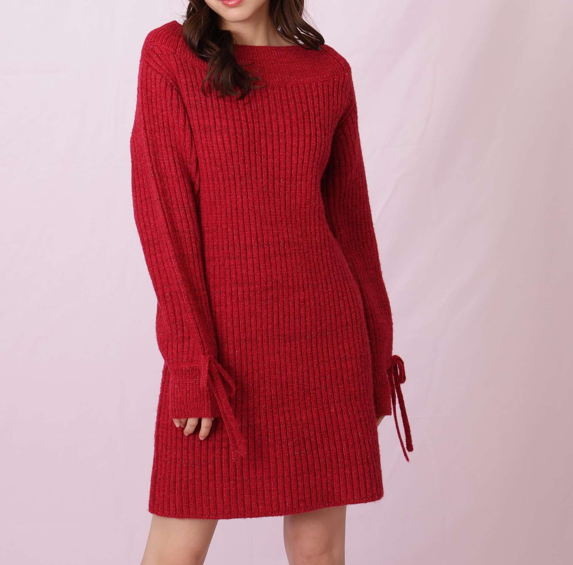 袖リボンニットワンピース レッド