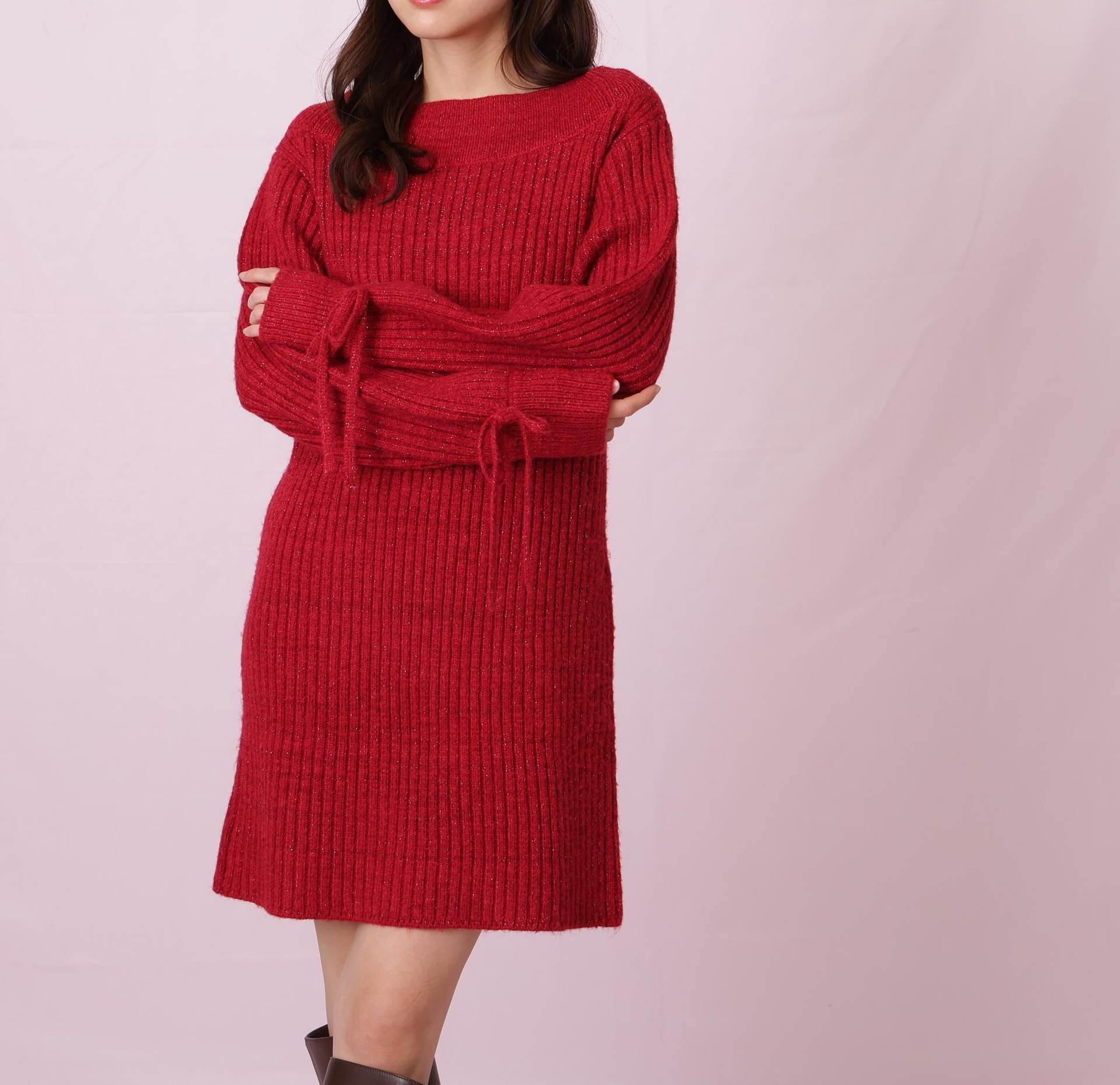 袖リボンニットワンピース レッド