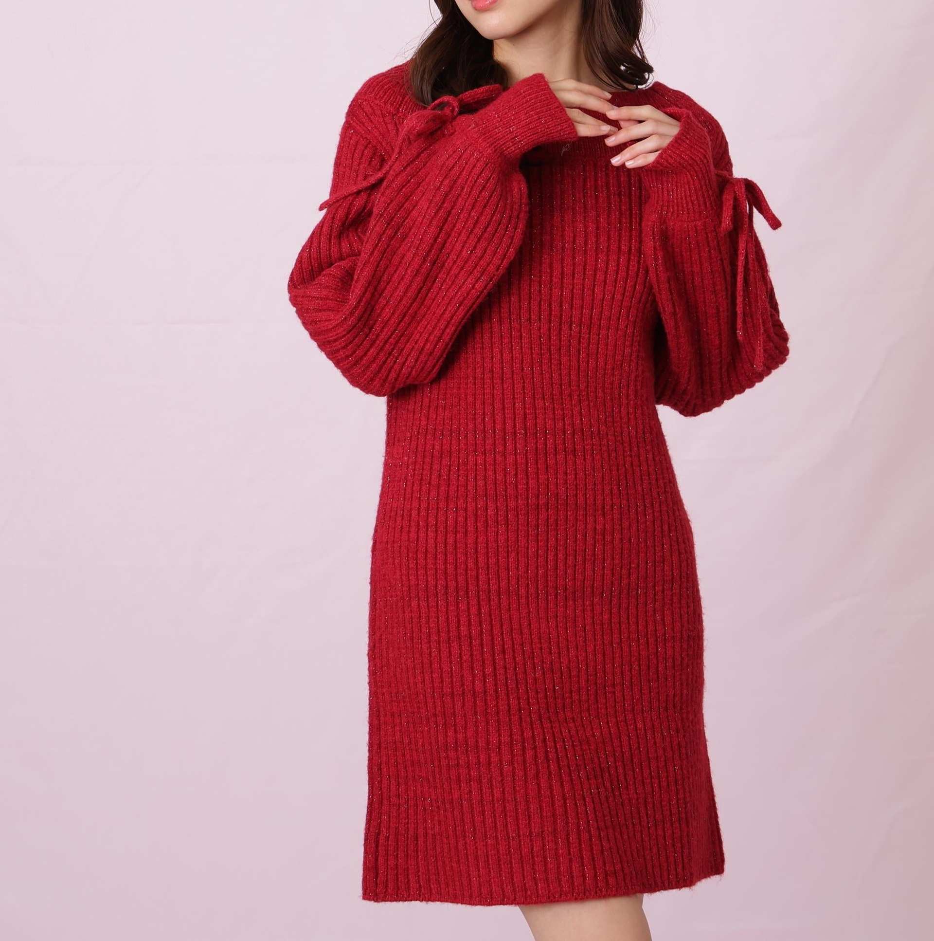 袖リボンニットワンピース レッド