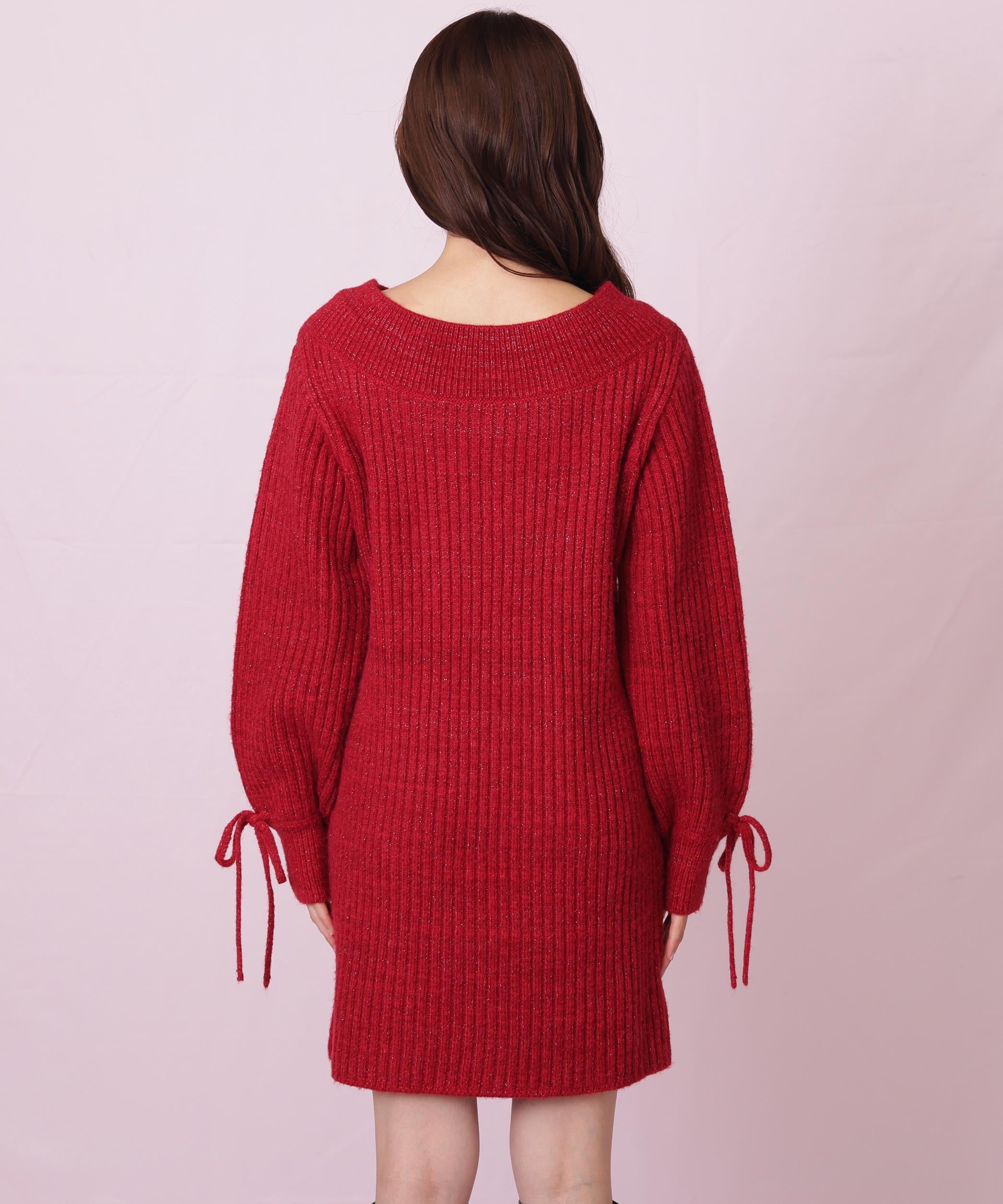 袖リボンニットワンピース レッド