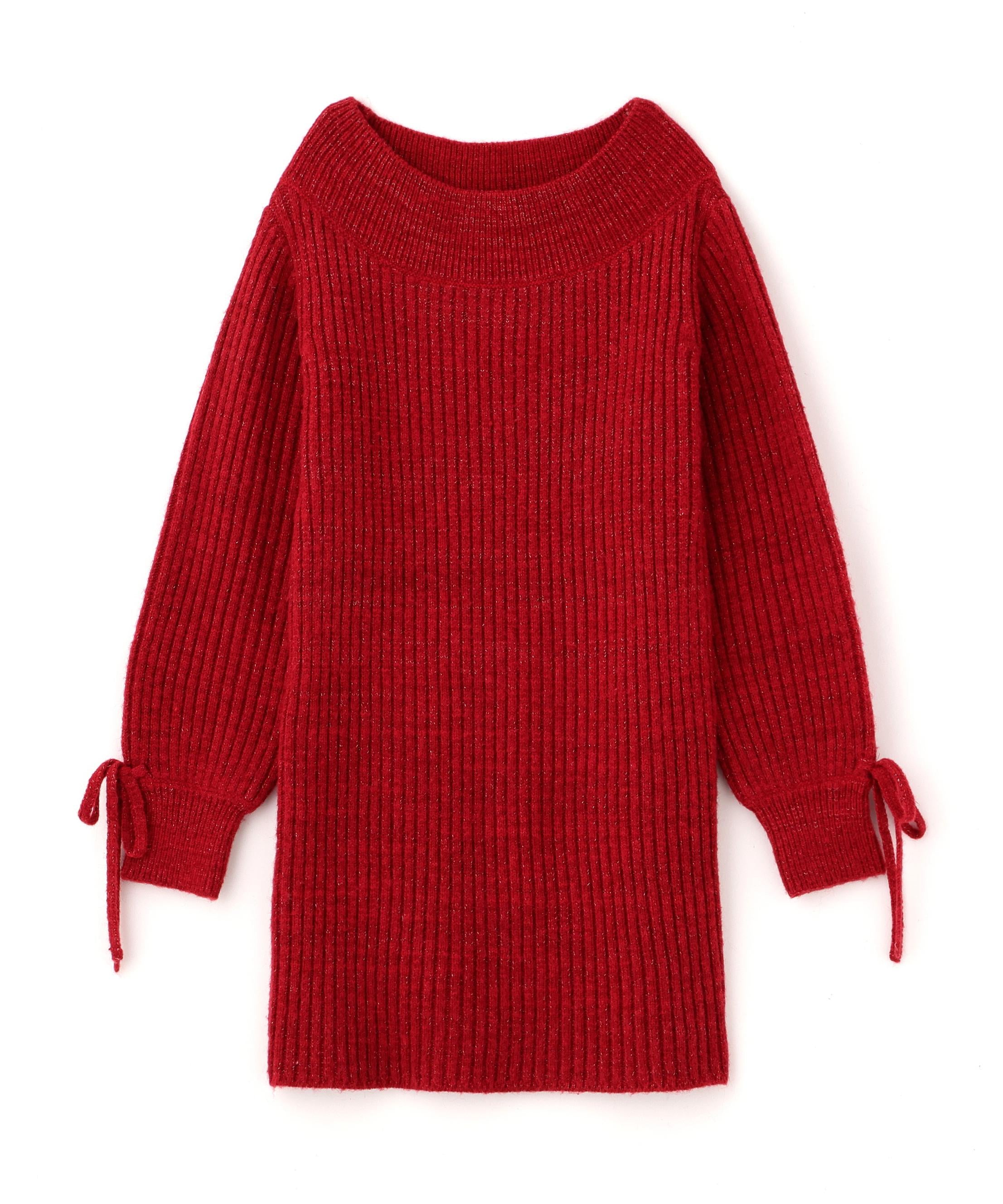 袖リボンニットワンピース レッド