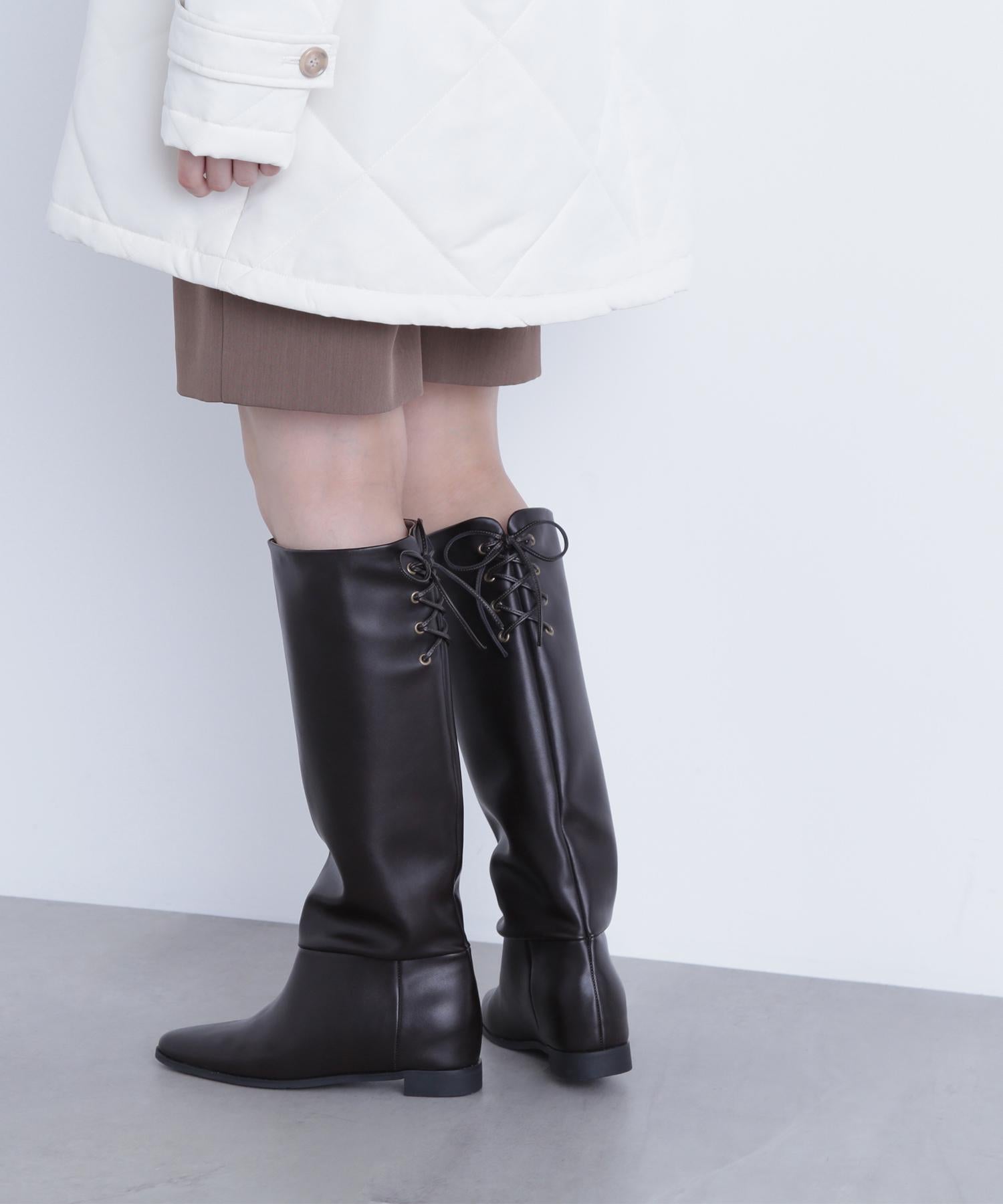 バックレースアップインヒールブーツ ダークブラウン1