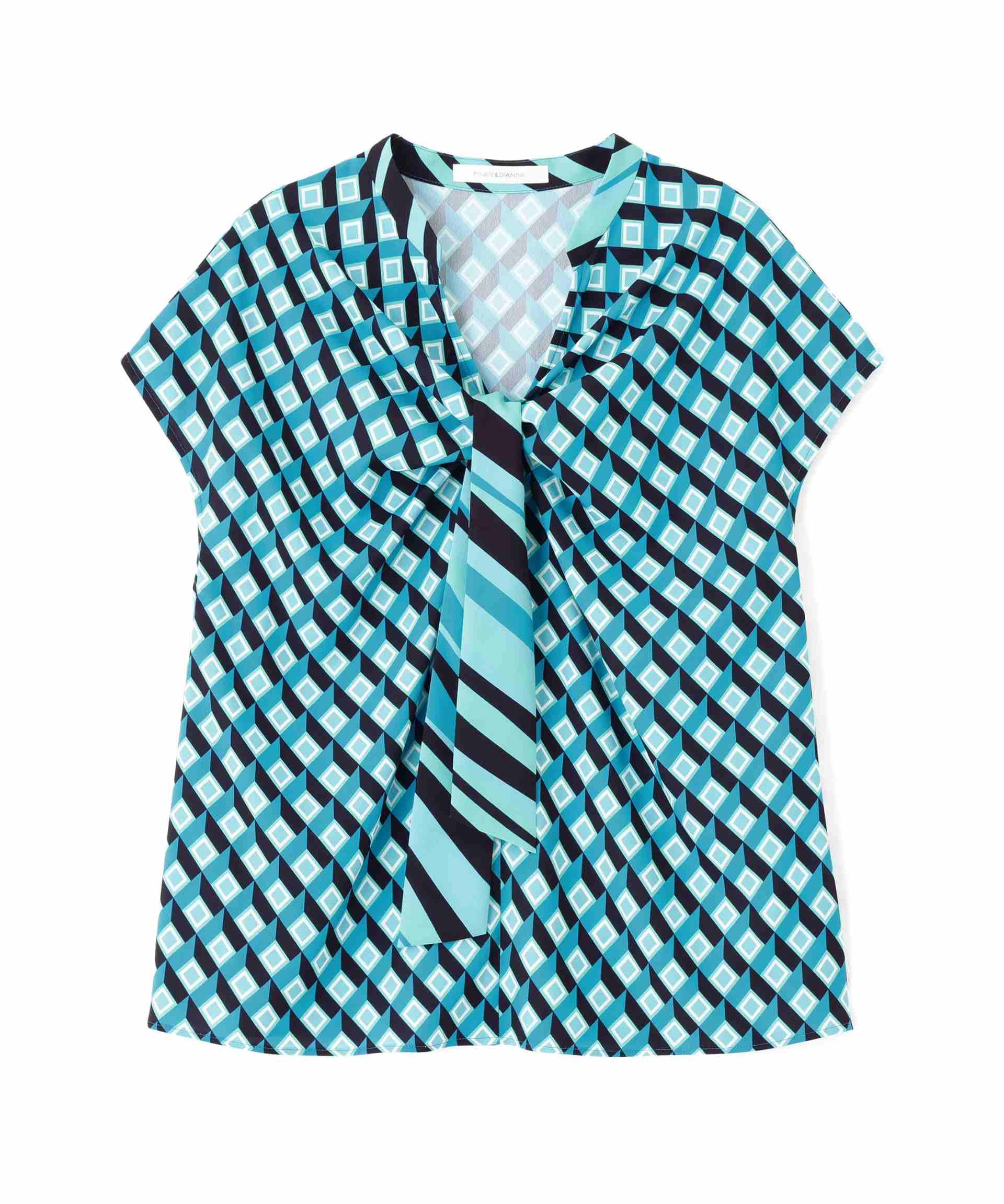 ジオメトリックプリントクロスリボンブラウス ターコイズ1