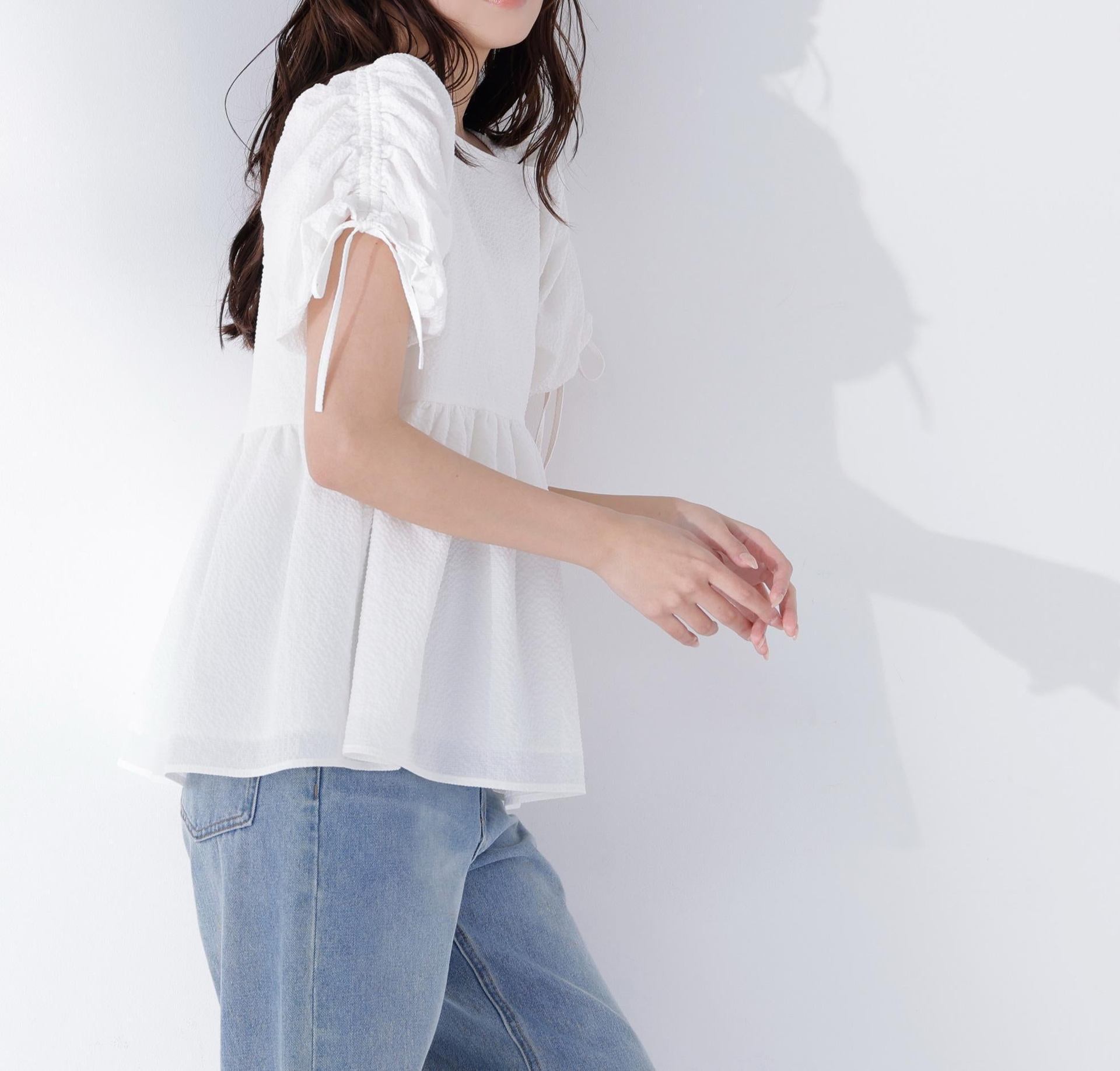 ドロストギャザースリーブブラウス オフホワイト1