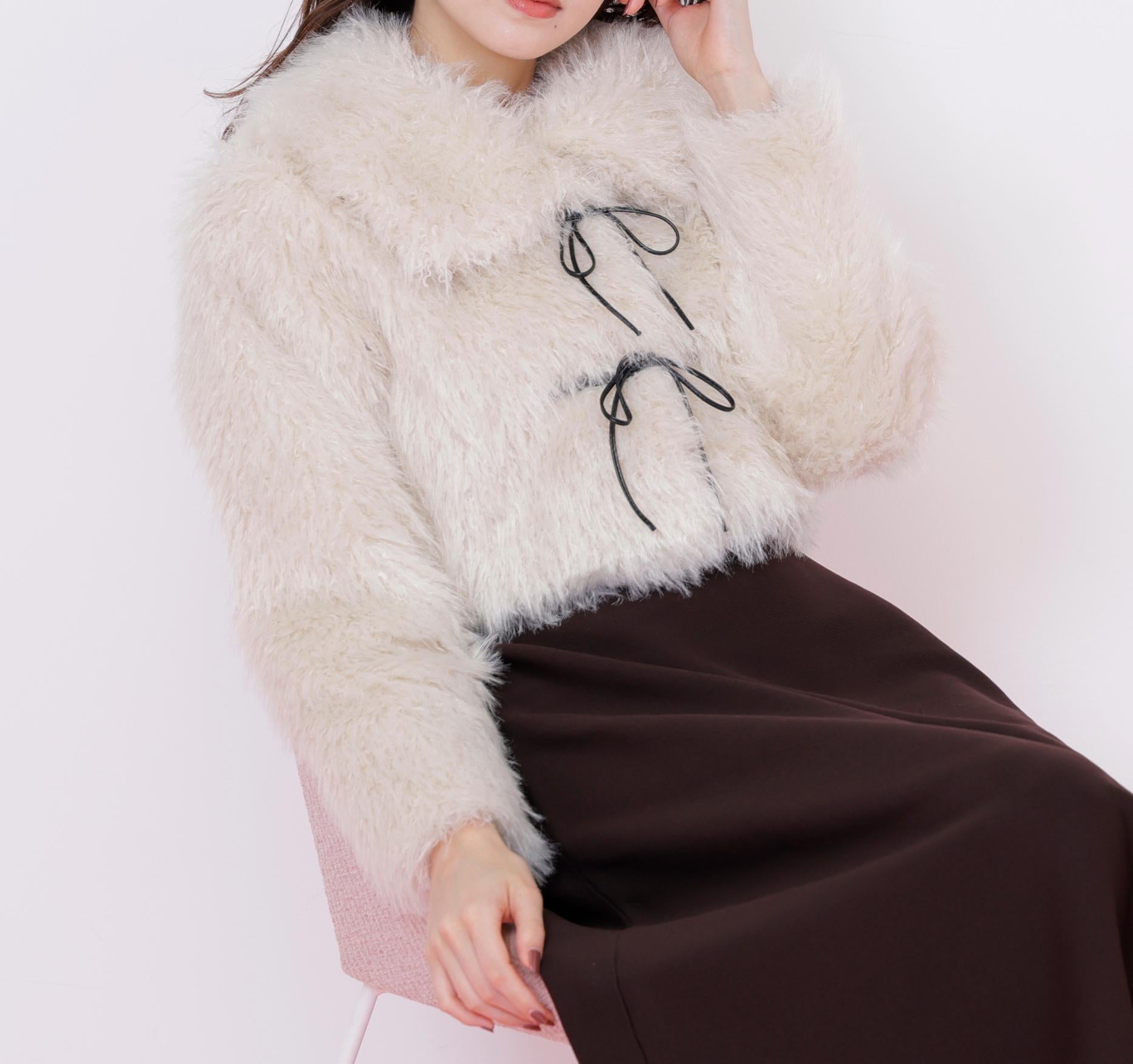 リボンダッフルショートファーコート ホワイト