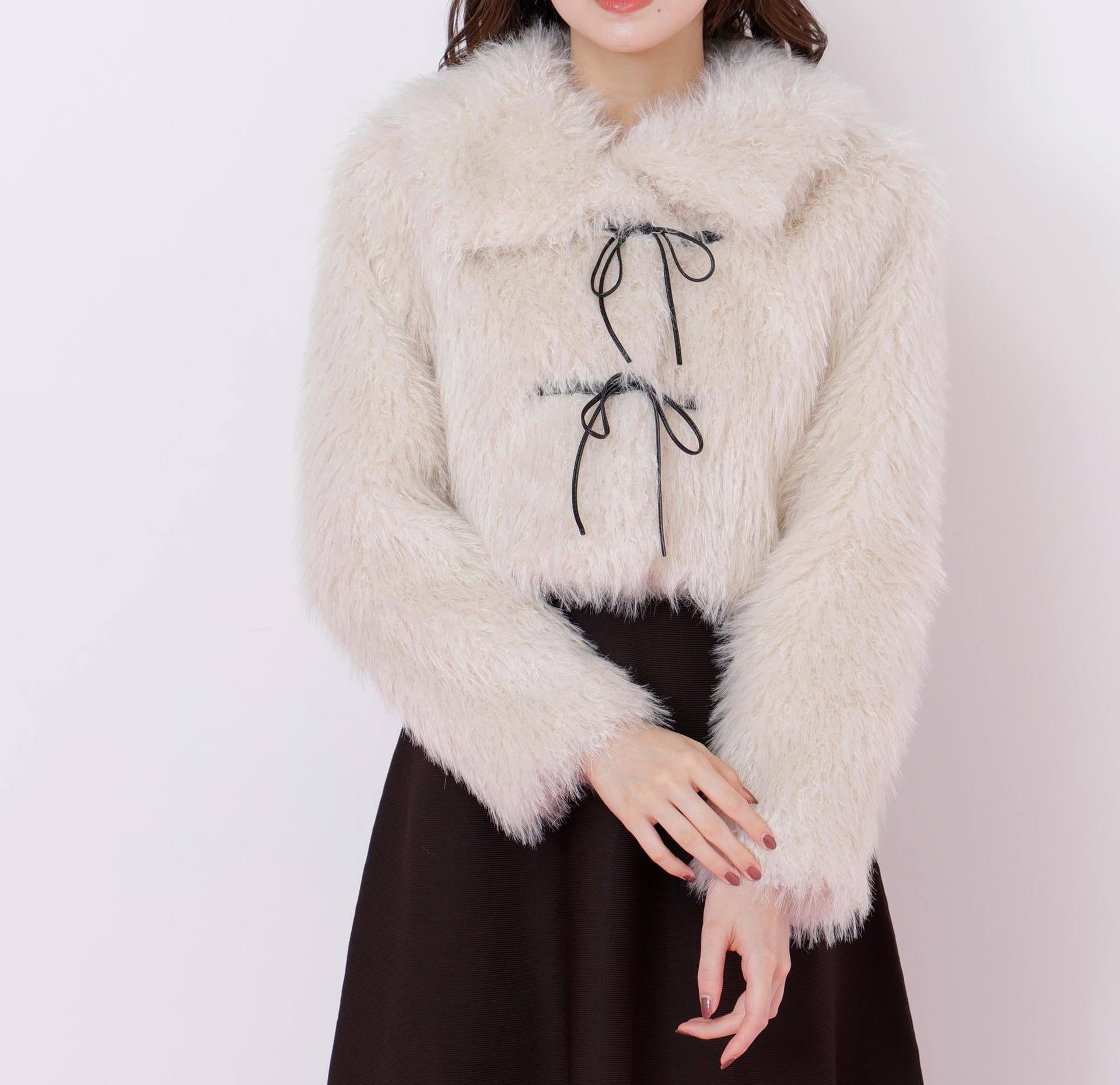 リボンダッフルショートファーコート ホワイト