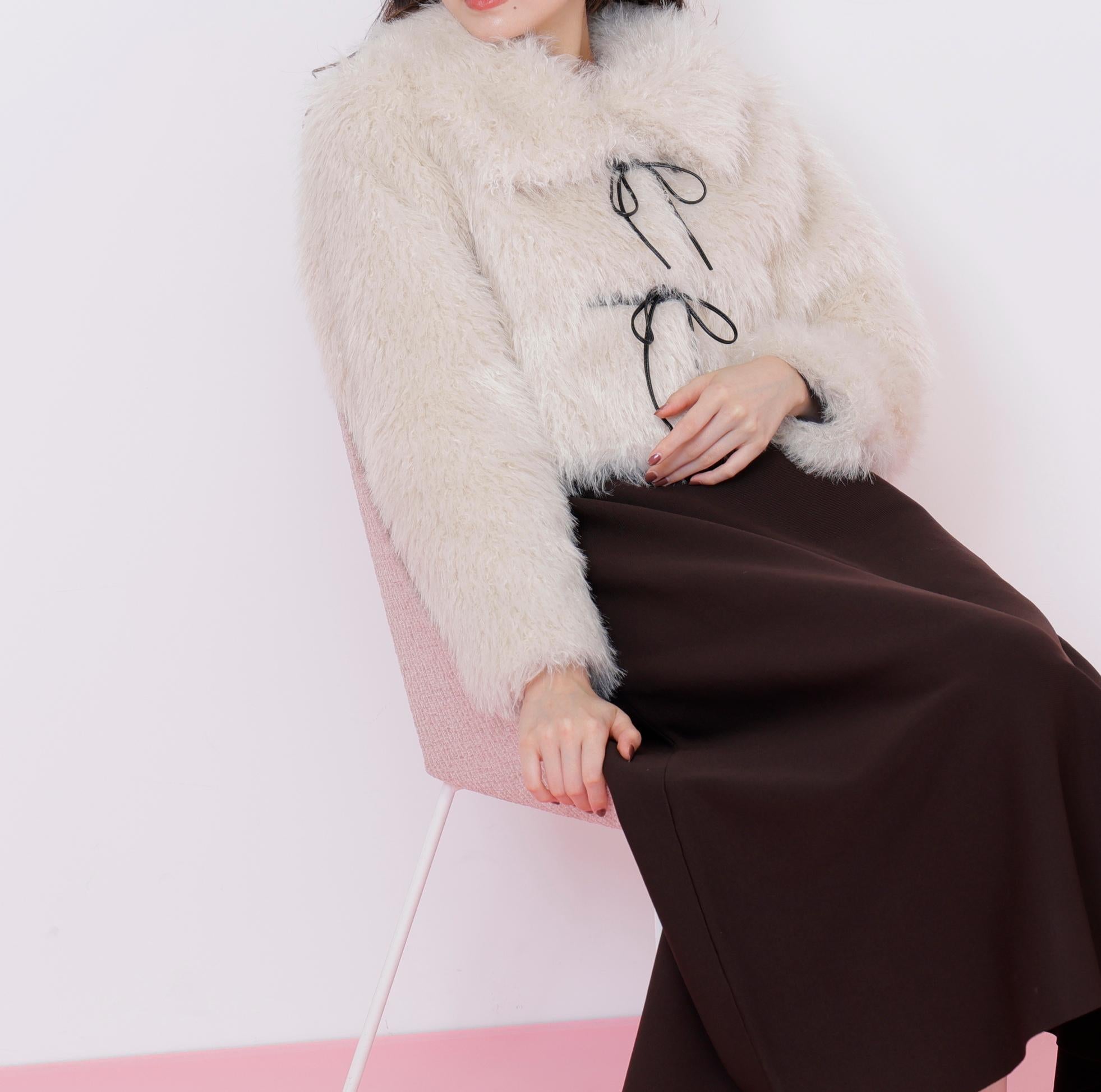 リボンダッフルショートファーコート ホワイト