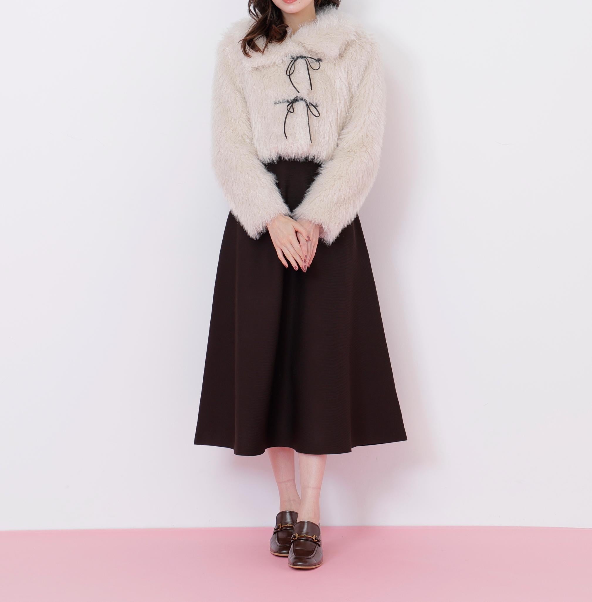 リボンダッフルショートファーコート ホワイト