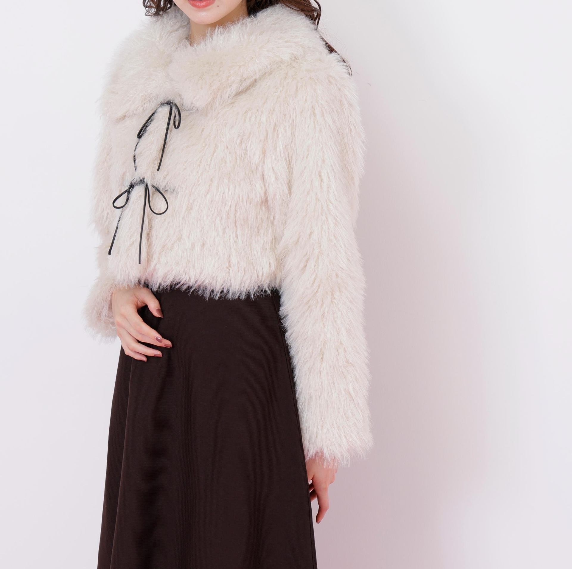 リボンダッフルショートファーコート ホワイト