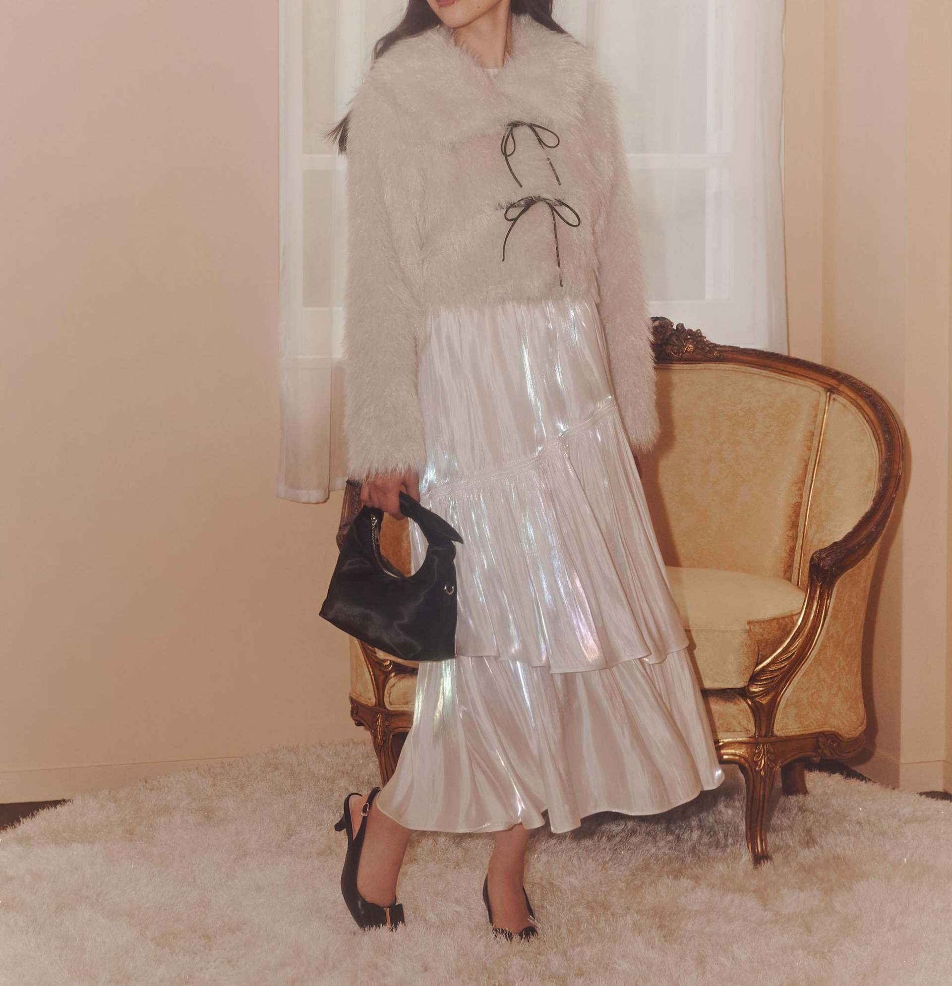 リボンダッフルショートファーコート ホワイト