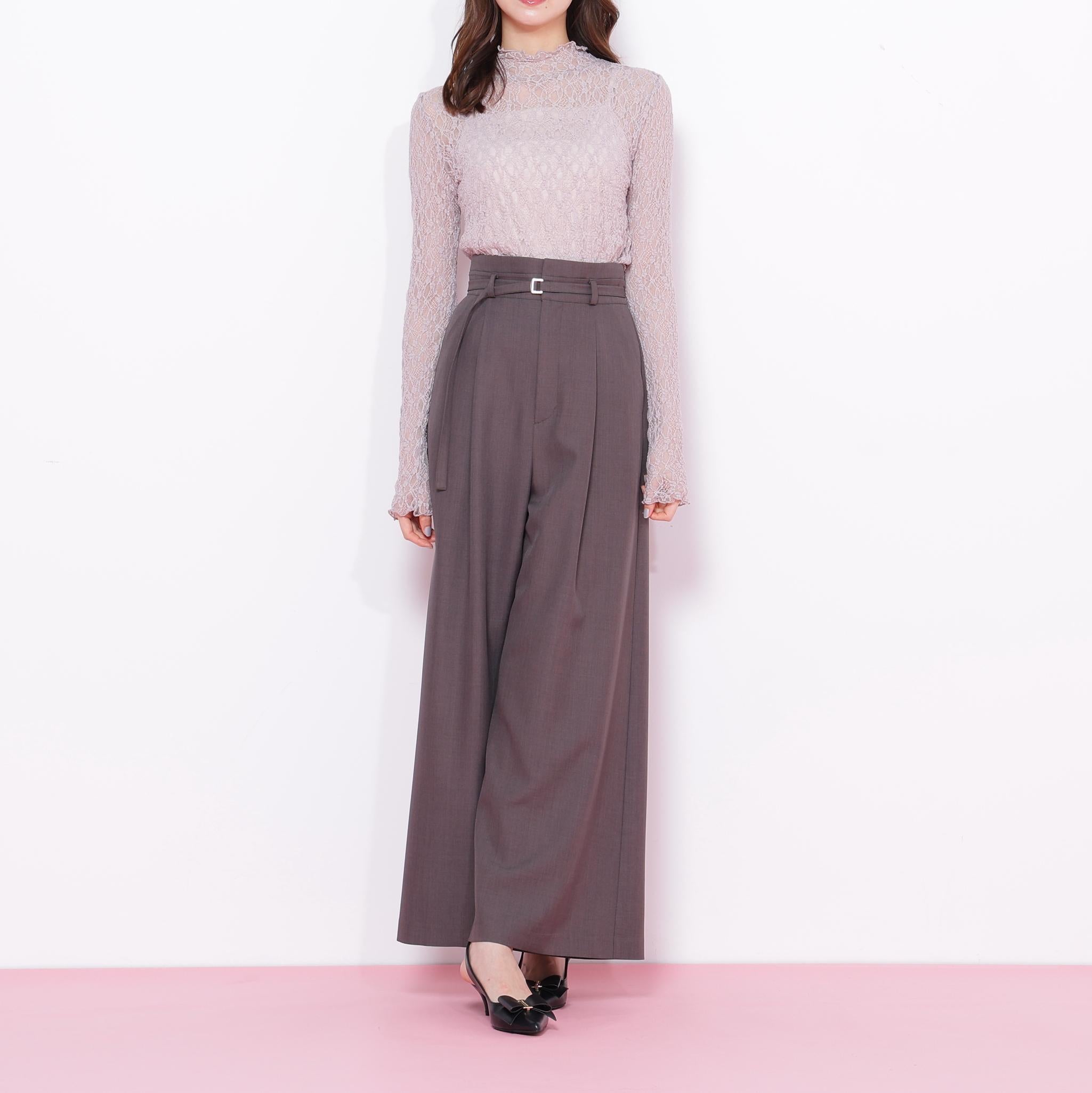 細ベルト付きワイドパンツ チャコール