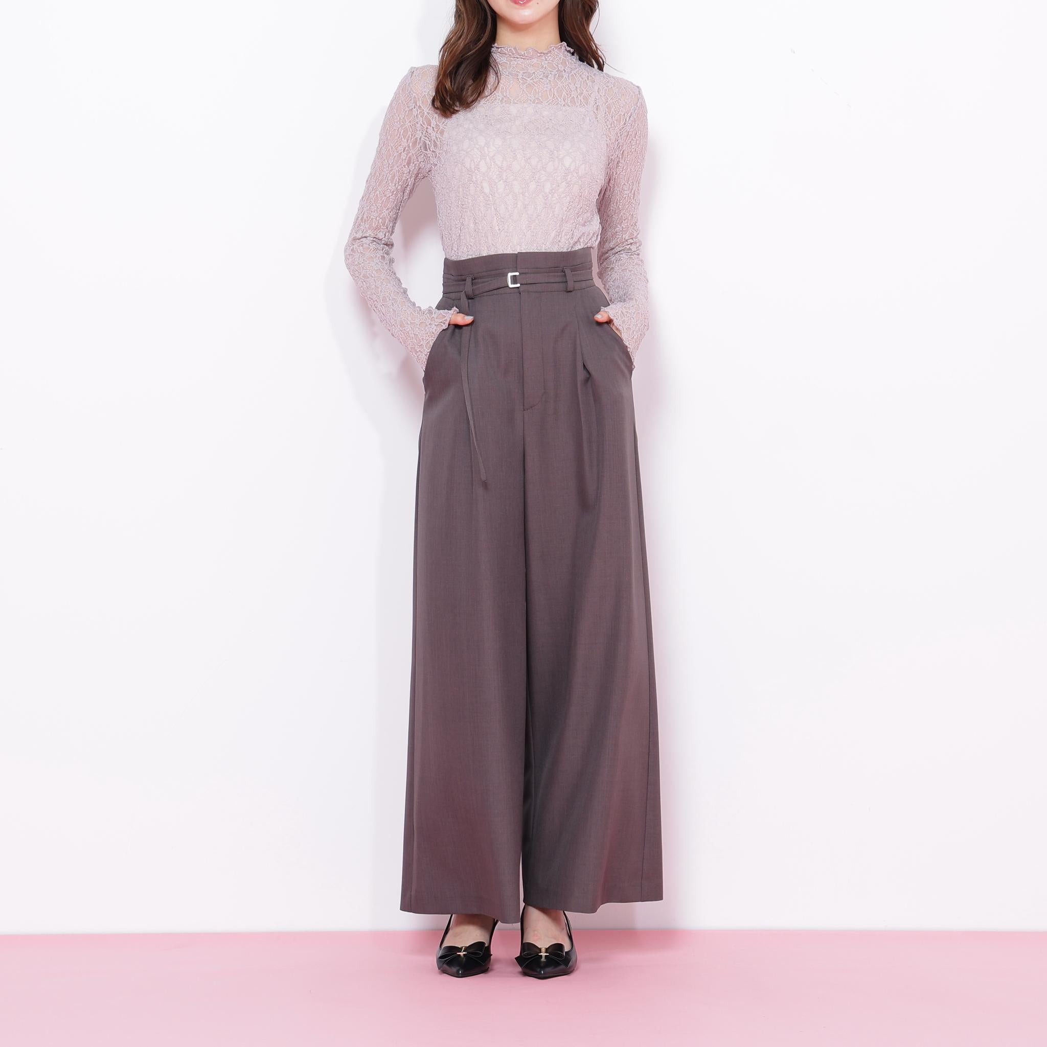 細ベルト付きワイドパンツ チャコール