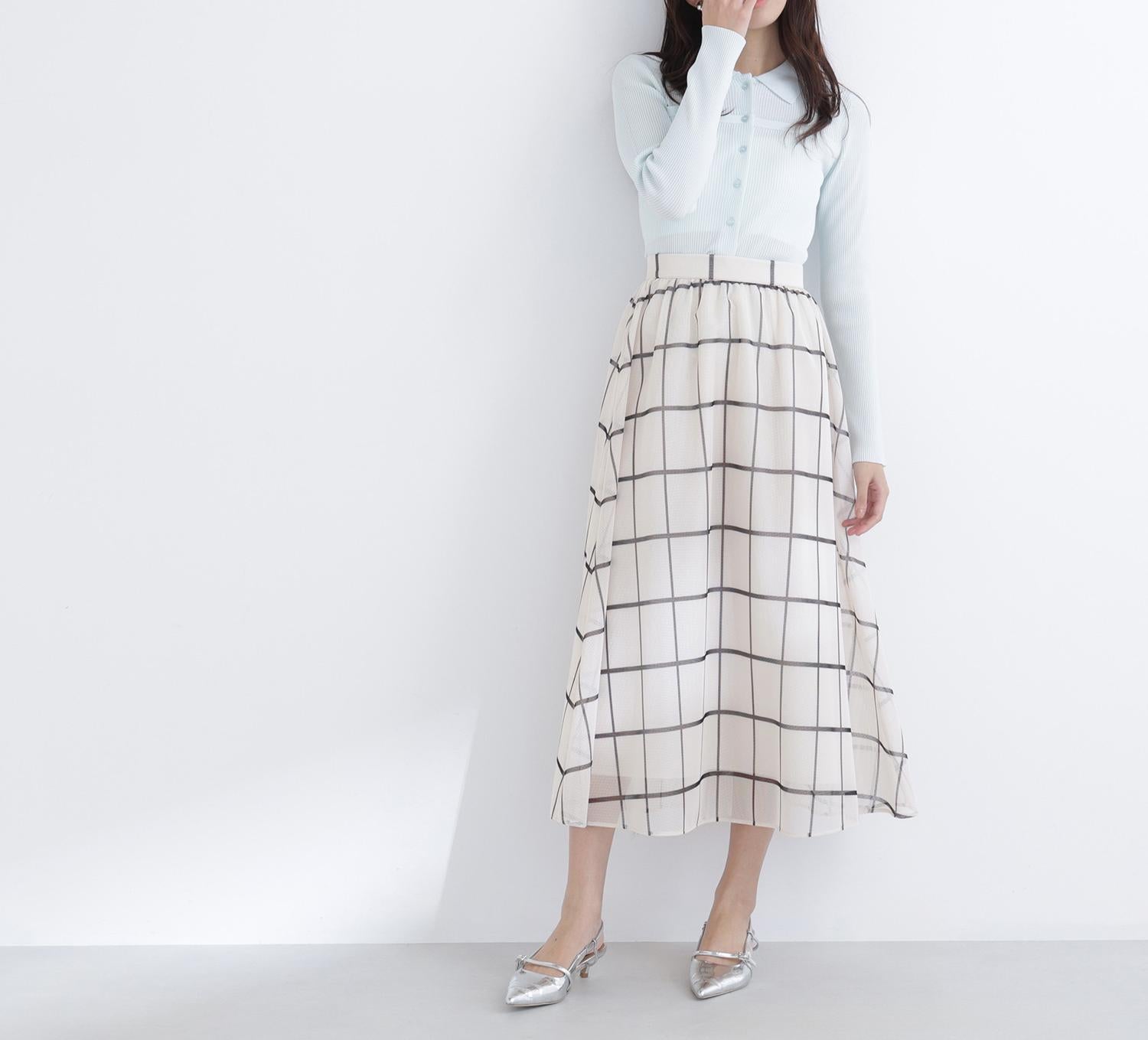 ウィンドペンチェックフレアスカート ベージュ系2