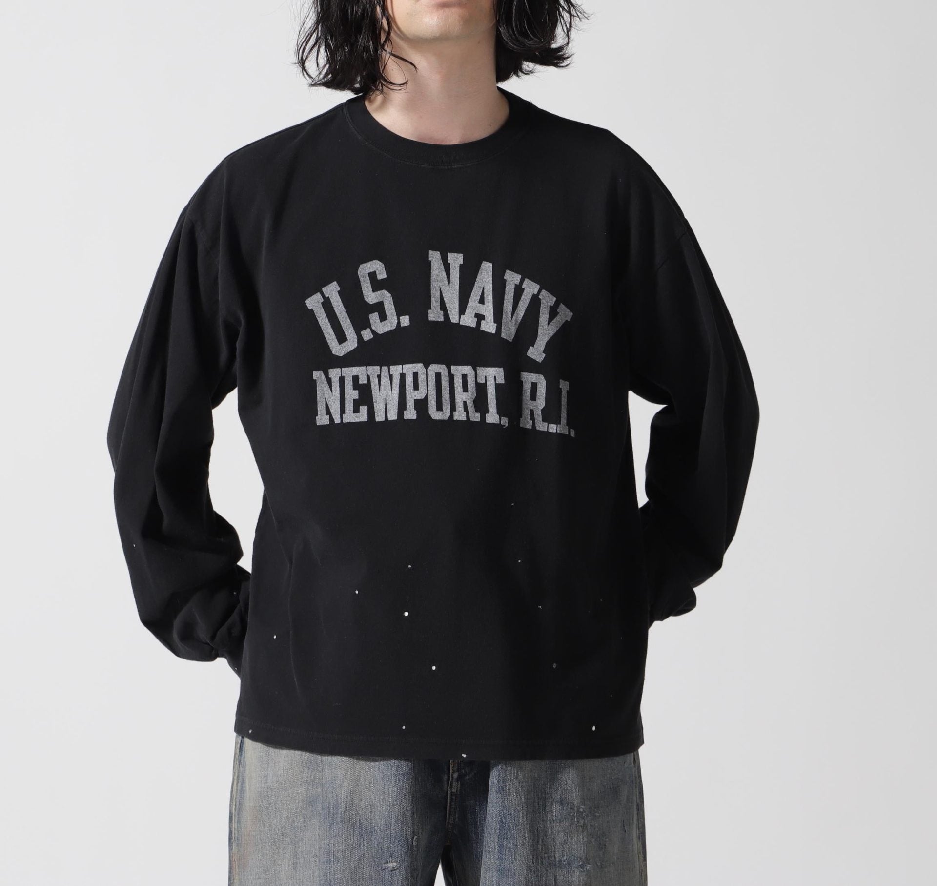 >EMI >ELIEF<レミレリーフ 別注20/-天竺ロンT(US NAVY)ペイント加工 ブラック