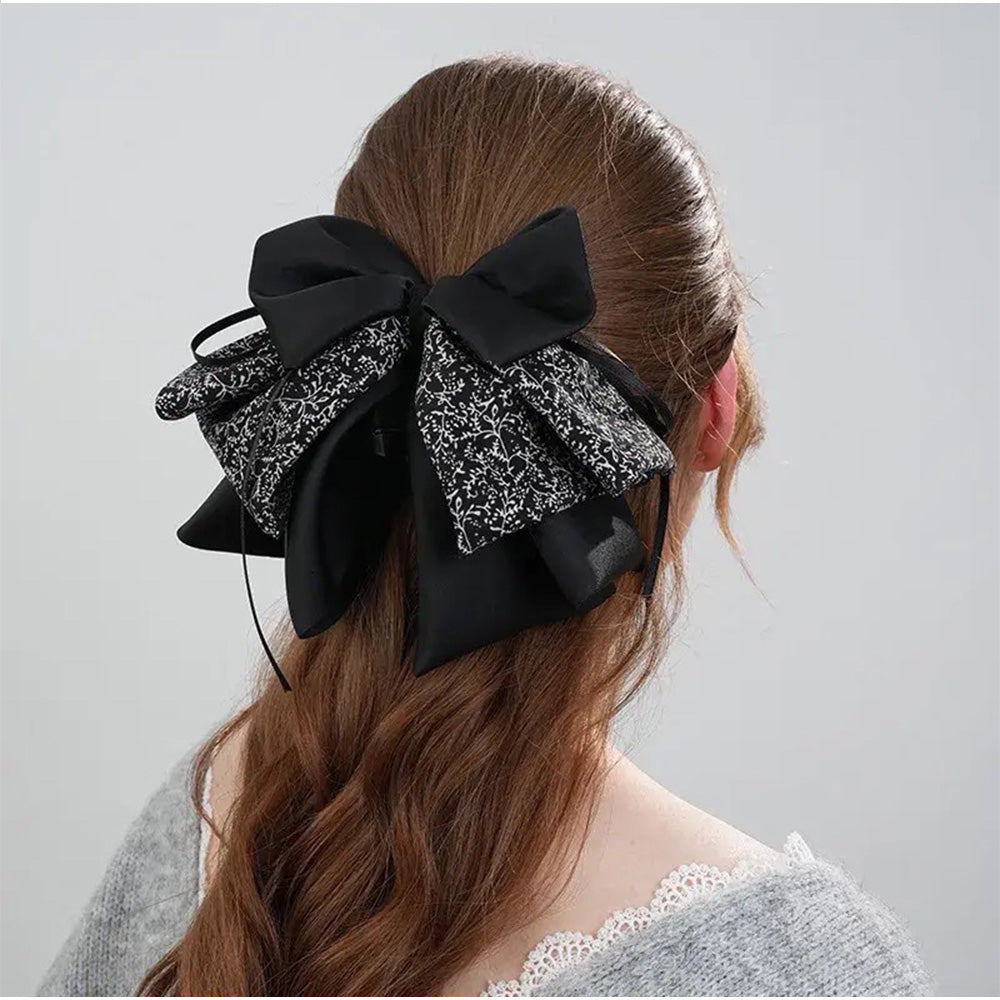 アンドカワイイ And Kawaii ヘアクリップ ビッグリボンバンスクリップ レトロガーリー花柄 ブラックサテン (ブラック) ブラック