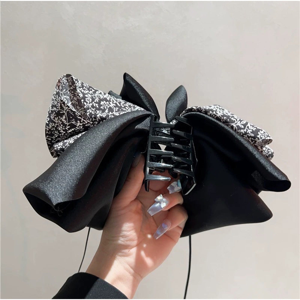 アンドカワイイ And Kawaii ヘアクリップ ビッグリボンバンスクリップ レトロガーリー花柄 ブラックサテン (ブラック) ブラック