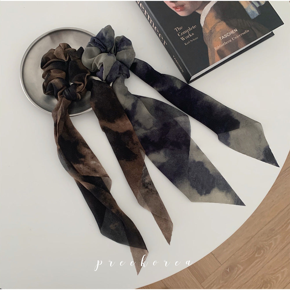 アンドカワイイ And Kawaii シュシュ ヘアゴム ニュアンスタイダイ柄リボン 韓国風 (グリーングレーブラック) グリーングレーブラック