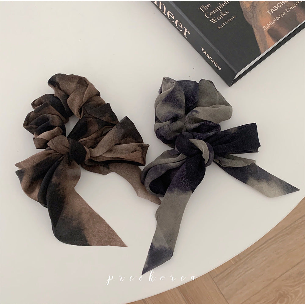 アンドカワイイ And Kawaii シュシュ ヘアゴム ニュアンスタイダイ柄リボン 韓国風 (グリーングレーブラック) グリーングレーブラック