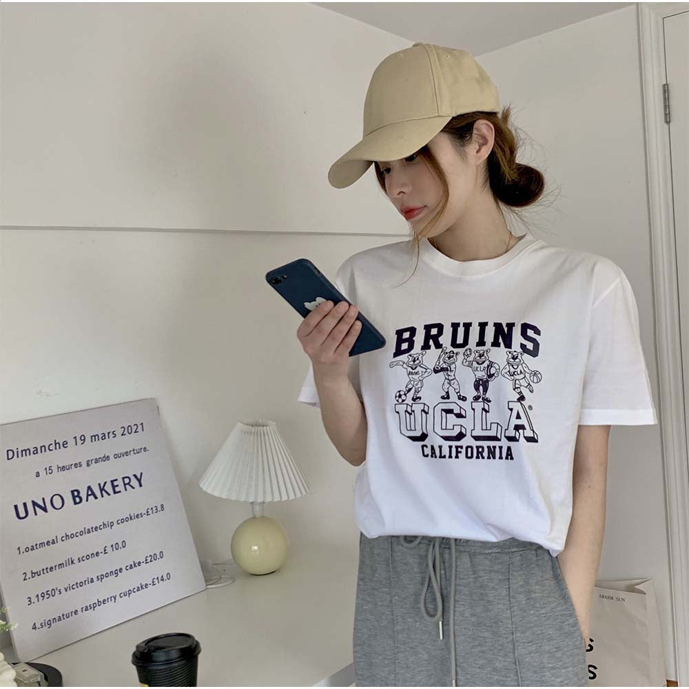And Kawaii T-shirt, logo print, figure-covering top, short sleeves, crew neck, Korean fashion