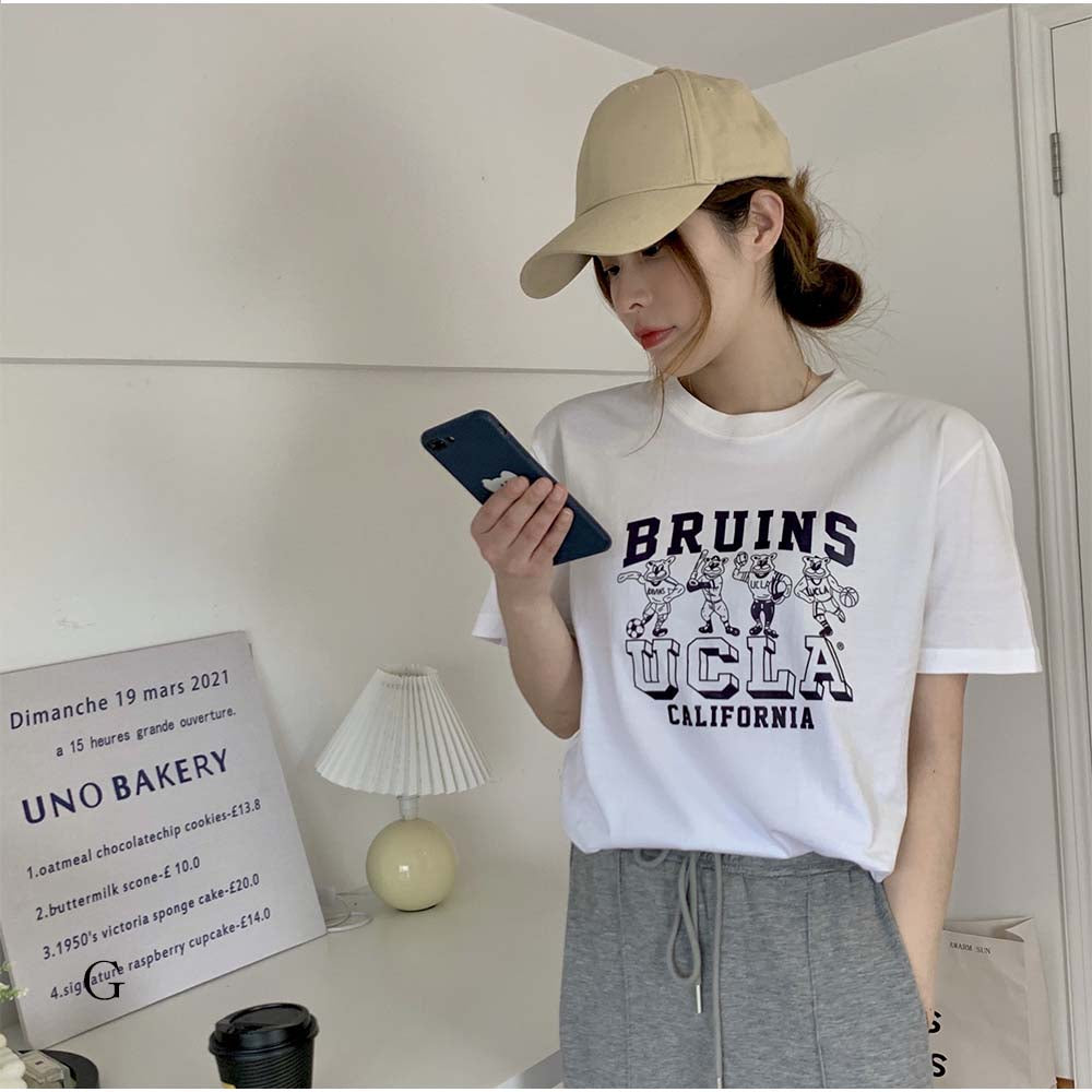 And Kawaii T-shirt, logo print, figure-covering top, short sleeves, crew neck, Korean fashion