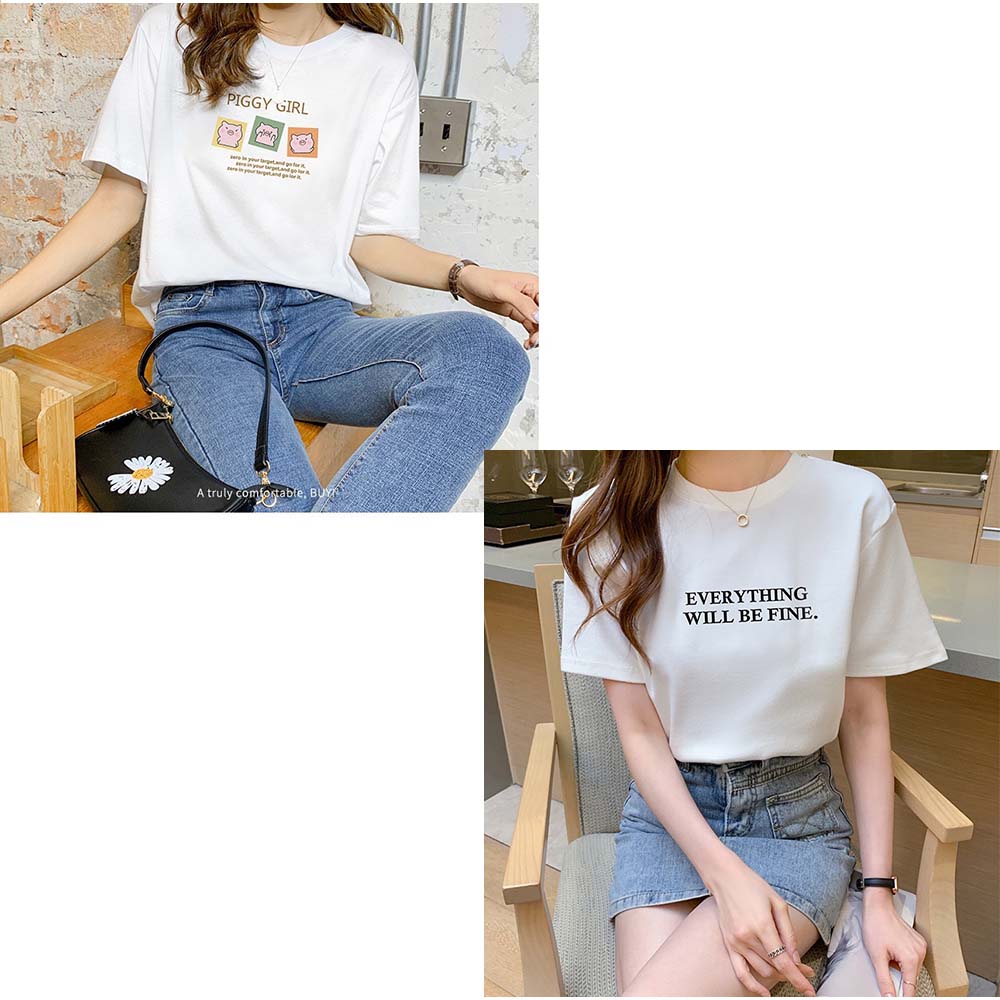 And Kawaii T-shirt, logo print, figure-covering top, short sleeves, crew neck, Korean fashion