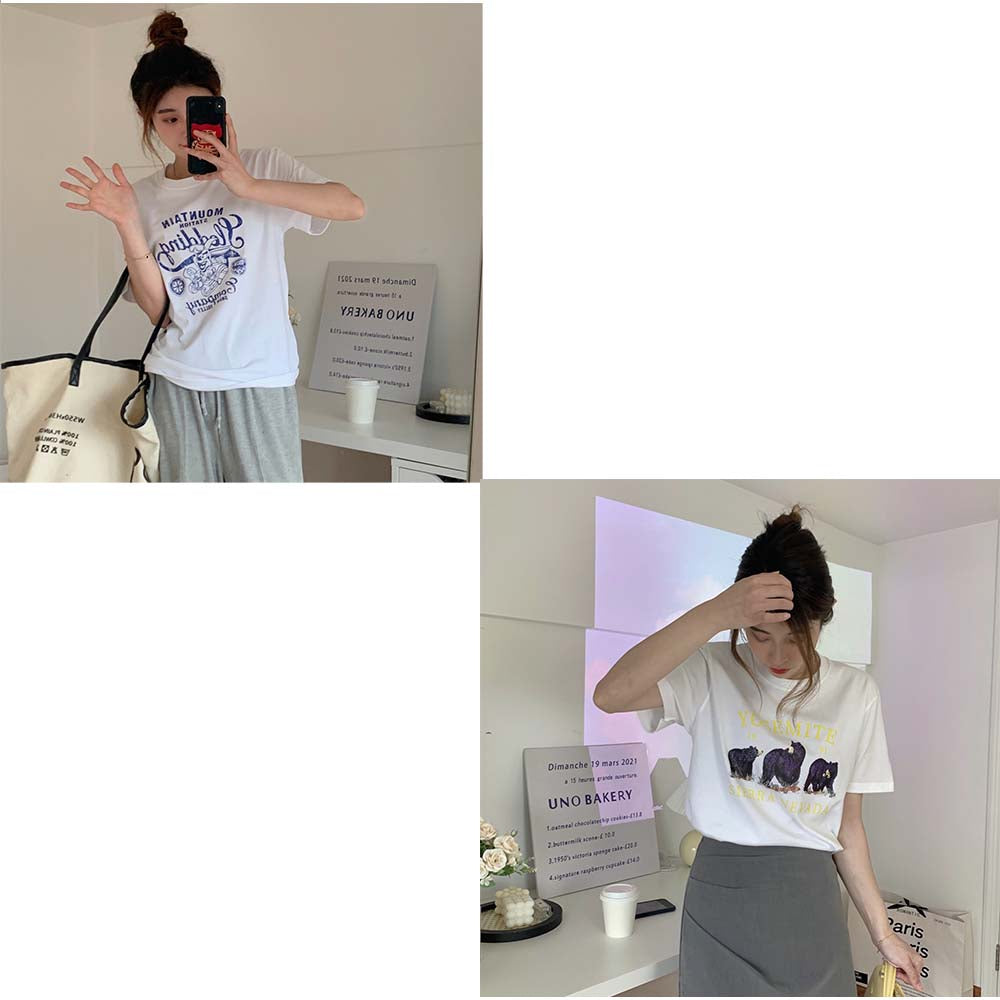 And Kawaii T-shirt, logo print, figure-covering top, short sleeves, crew neck, Korean fashion