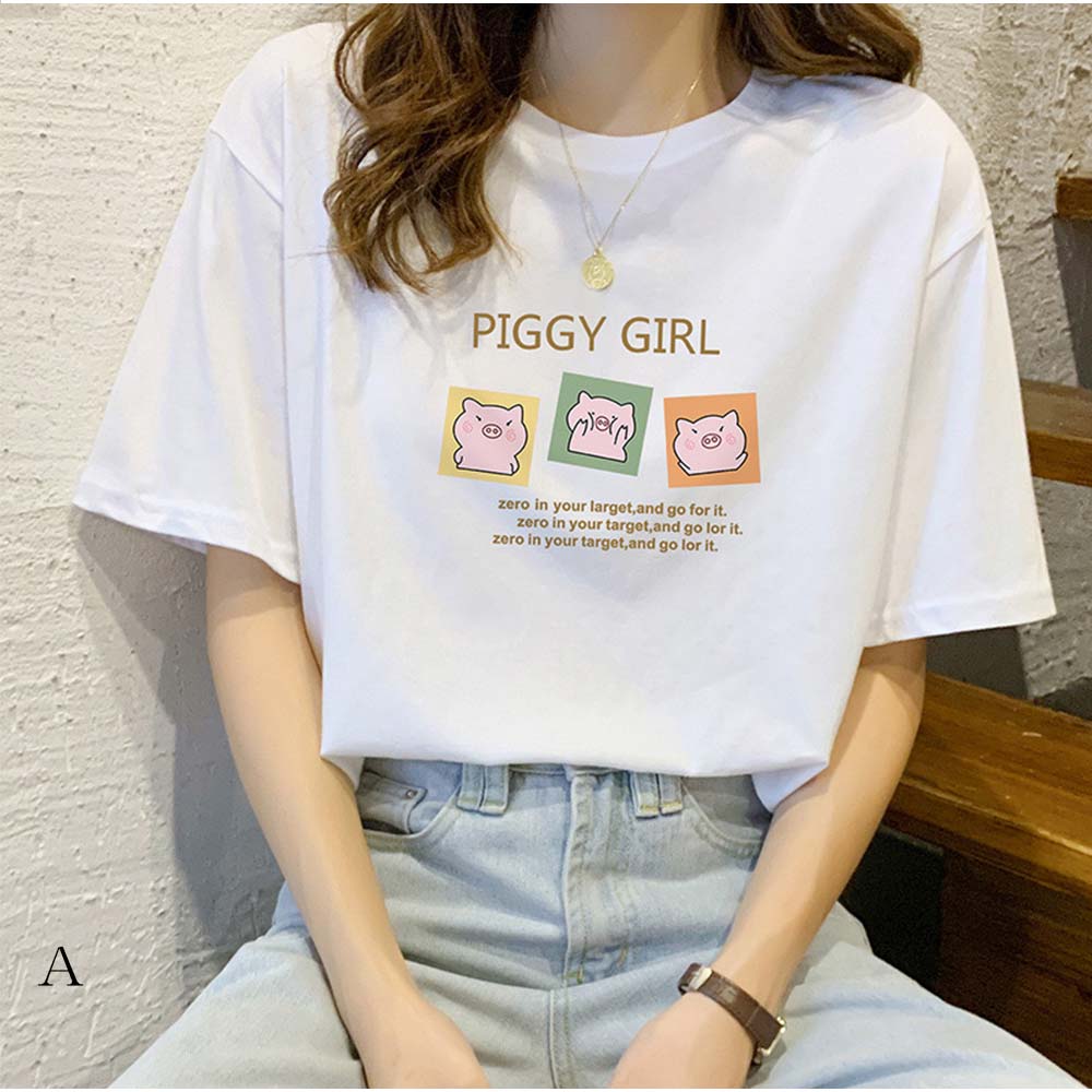 And Kawaii T-shirt, logo print, figure-covering top, short sleeves, crew neck, Korean fashion