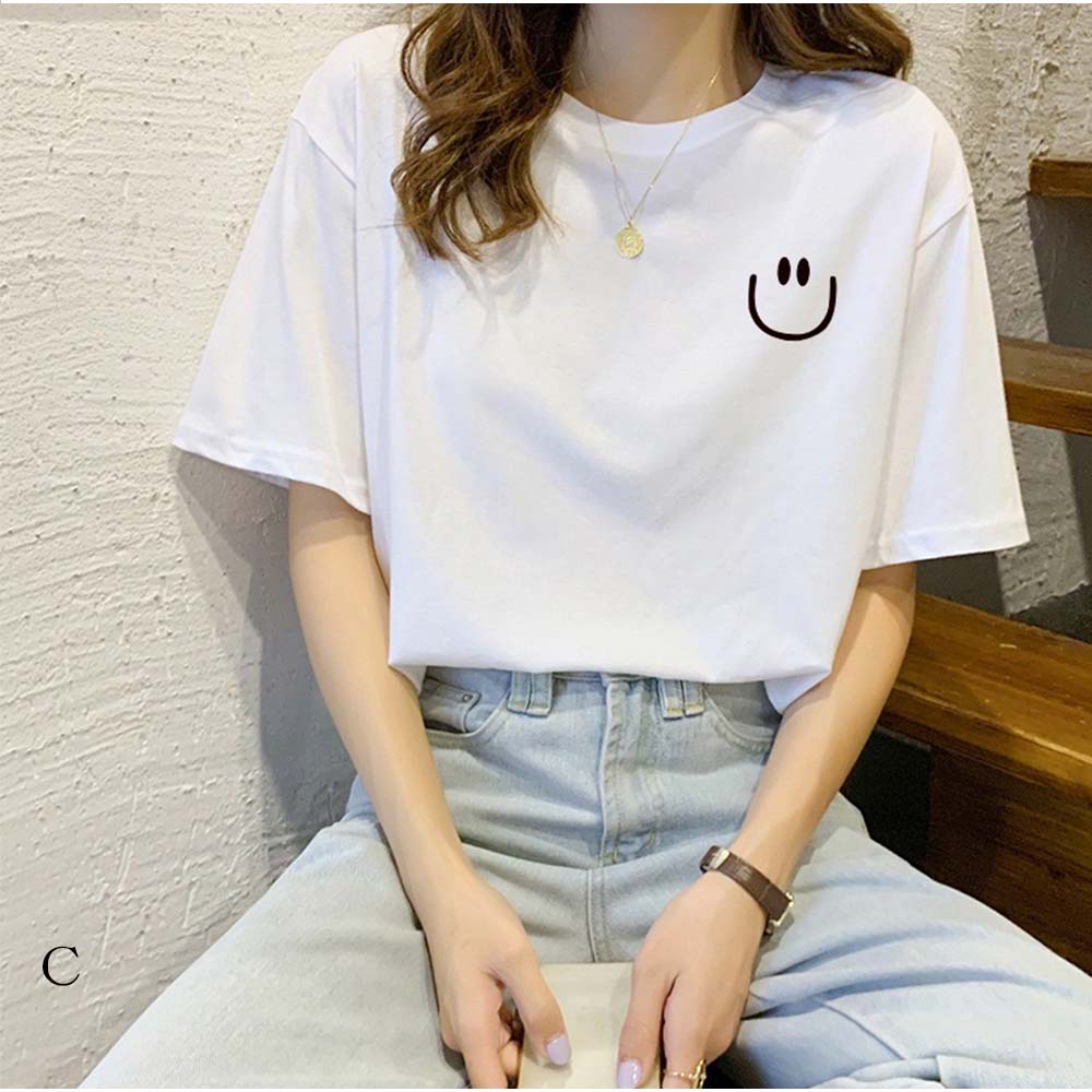 And Kawaii T-shirt, logo print, figure-covering top, short sleeves, crew neck, Korean fashion