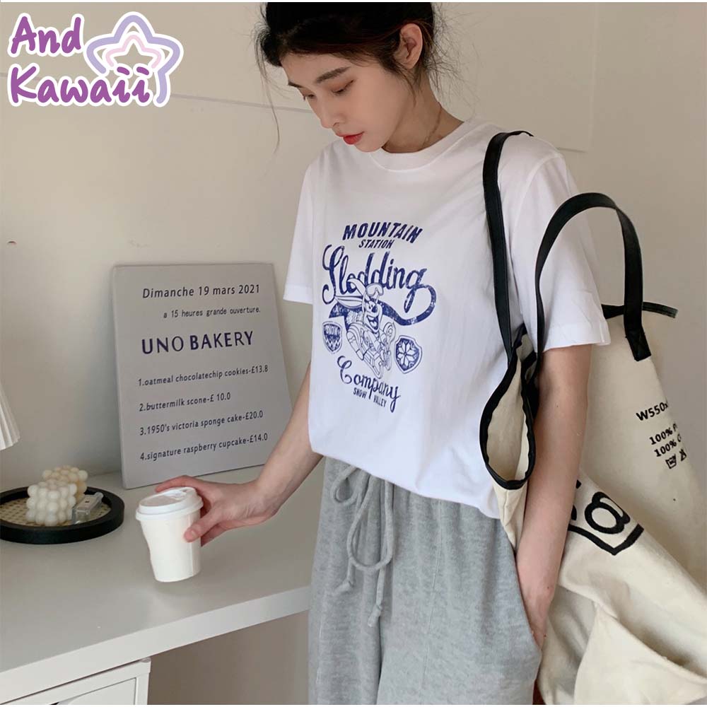 And Kawaii T-shirt, logo print, figure-covering top, short sleeves, crew neck, Korean fashion