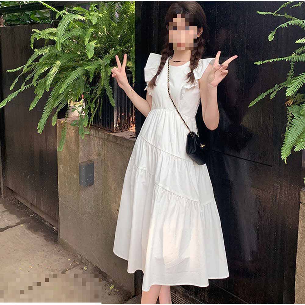 and Kawaii One-Piece Dress, Long Skirt, Knee-Length, High Waist, Plain, Pretty, Casual, Feminine