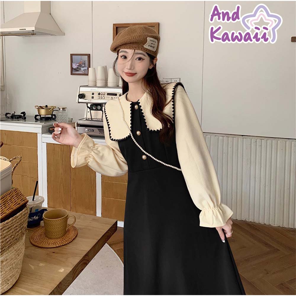 And Kawaii One-piece dress, long sleeves, retro style, mid-calf length, below the knee, long sleeves, cute for adults, women, Korean fashion