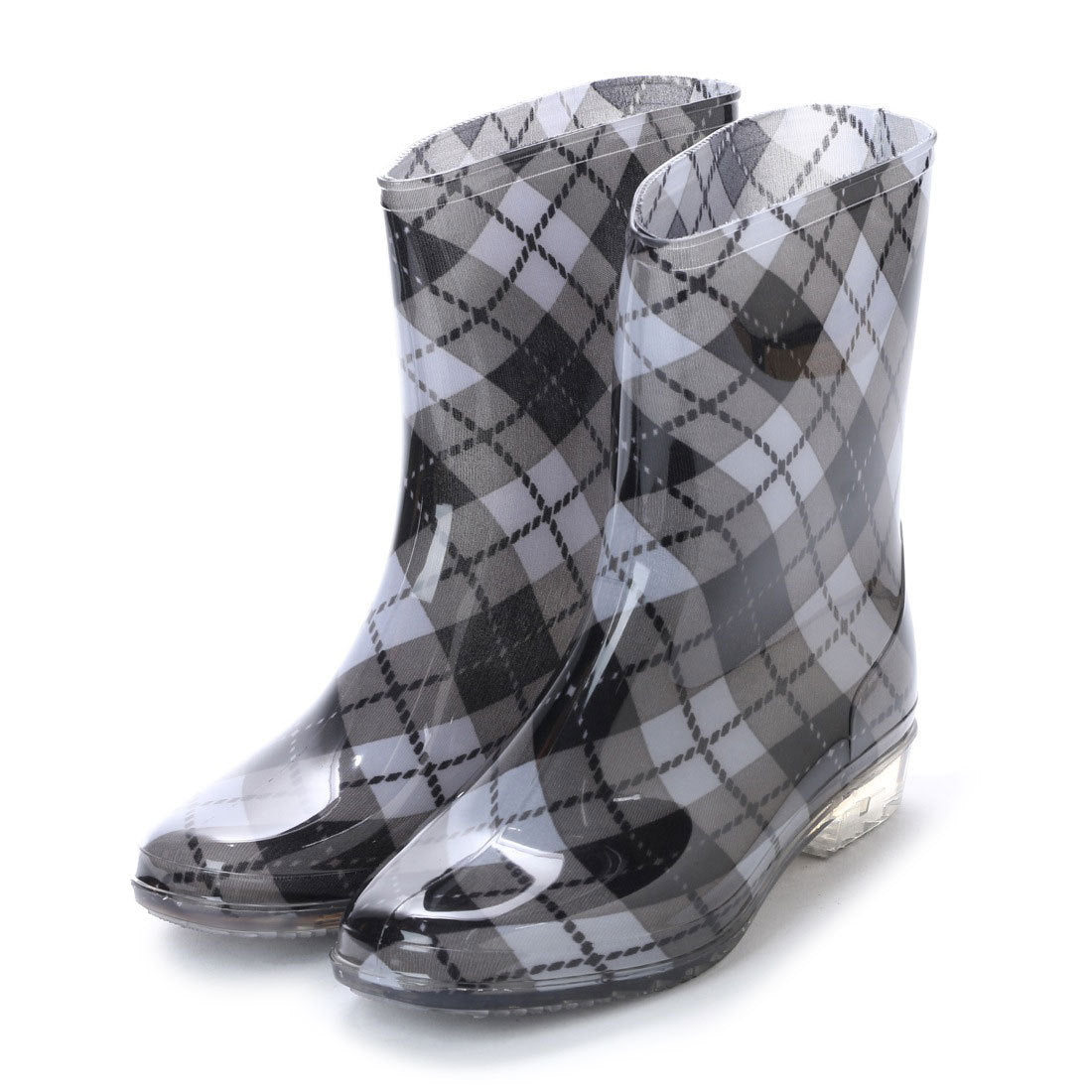 エンジェルフィット Angel FiT レディース レインブーツ レイン ショート ミドル ブーツ 完全防水 一体成型 長靴 ドット柄 af_15030,BLACK/CHECK