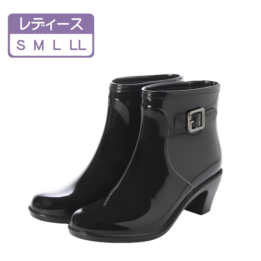 エンジェルフィット Angel FiT レディース ショート レインブーツ レインシューズ バックル ベルト チャンキーヒール 完全防水 af_24066 ブラック