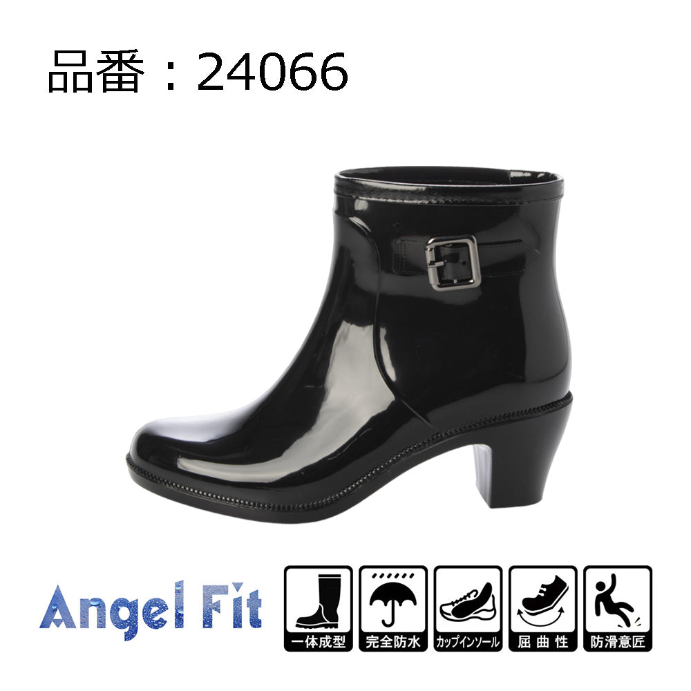 エンジェルフィット Angel FiT レディース ショート レインブーツ レインシューズ バックル ベルト チャンキーヒール 完全防水 af_24066 ブラック