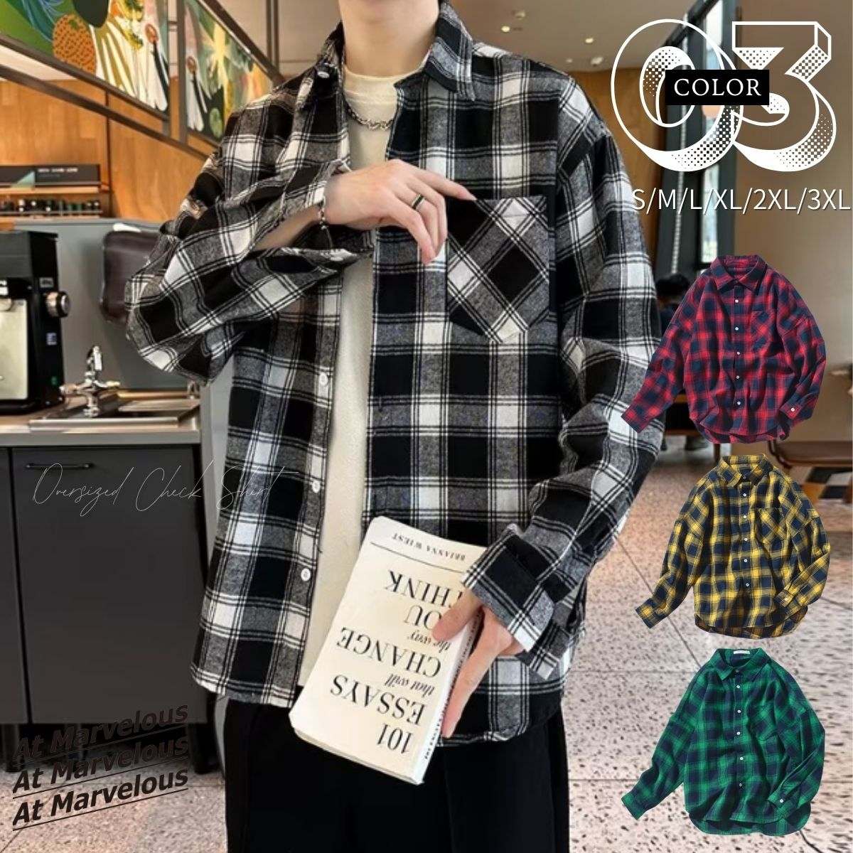 アットマーベラス At Marvelous シャツ 羽織り シャツアウター チェック ユニセックス 柄 秋冬 メンズ 韓国ファッション チェックシャツ オーバーサイズ ストリート 大きいサイズ (グリーン) グリーン