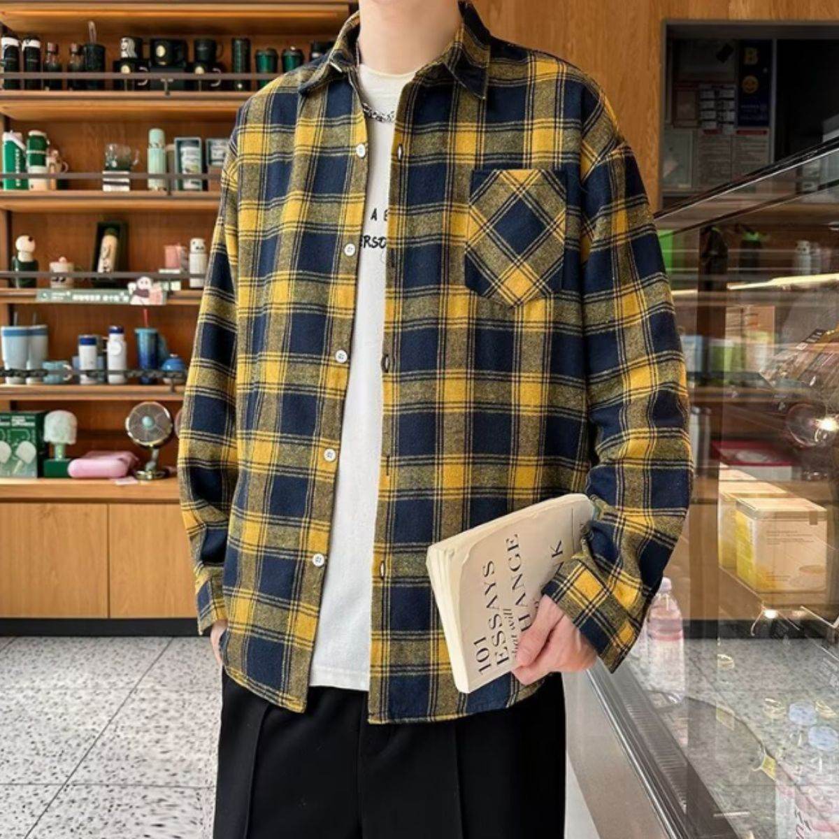 アットマーベラス At Marvelous シャツ 羽織り シャツアウター チェック ユニセックス 柄 秋冬 メンズ 韓国ファッション チェックシャツ オーバーサイズ ストリート 大きいサイズ (グリーン) グリーン