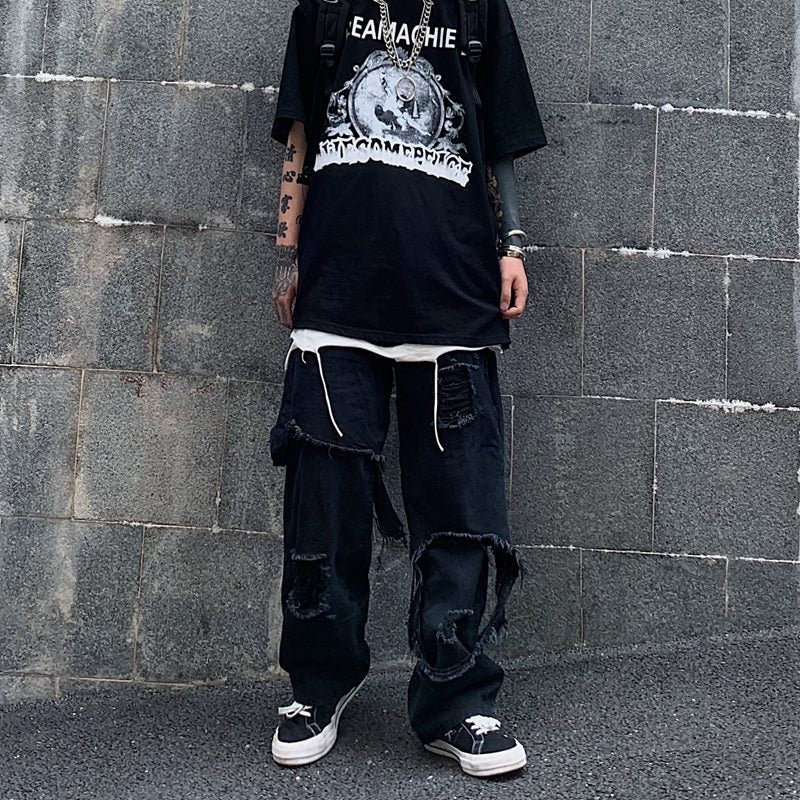 At Marvelous At Marvelous Distressed fake layered denim long pants Men's jeans G-pants Distressed jeans Street fashion Street style