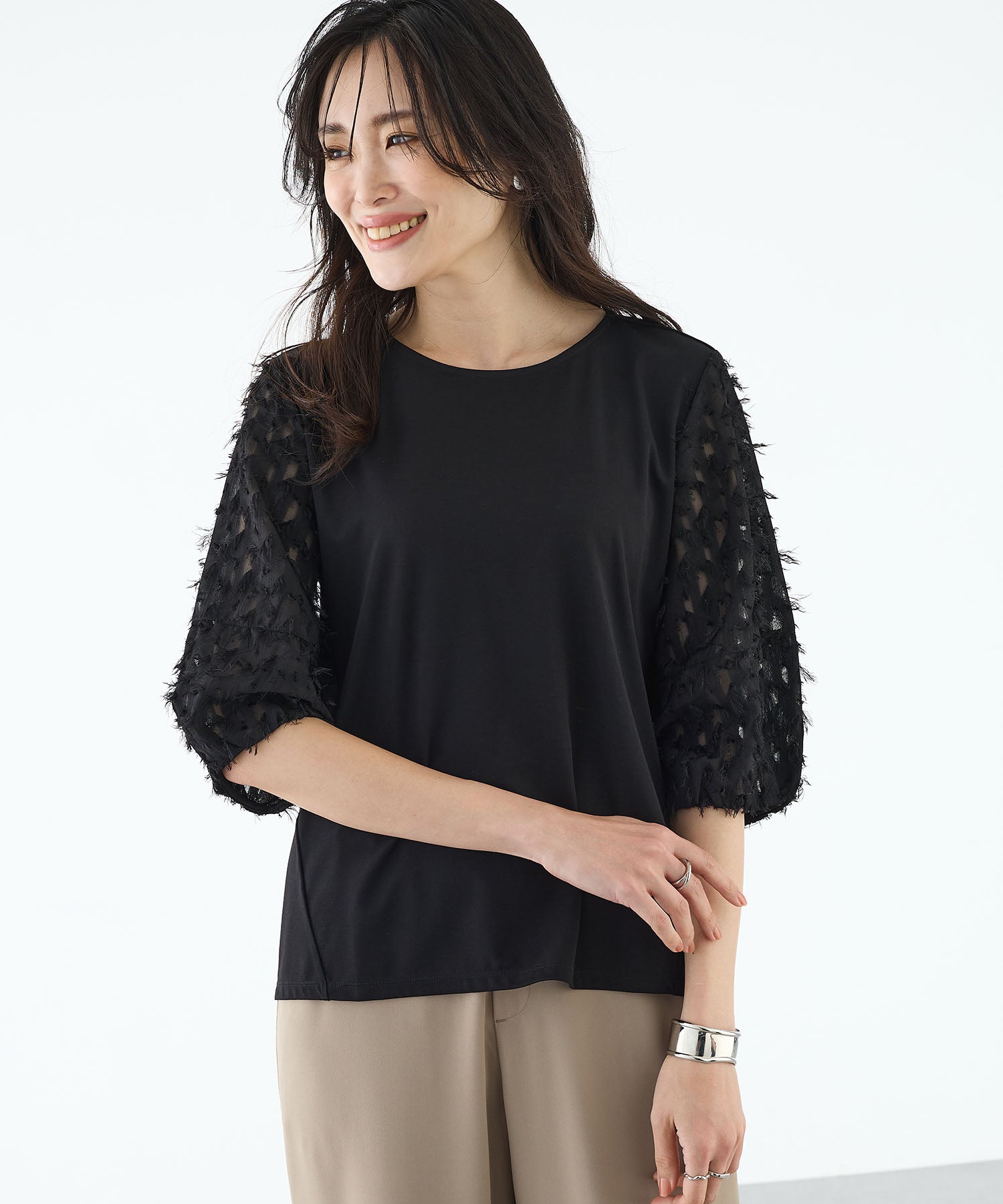 エーシーデザインバイアルファキュービック A/C DESIGN BY ALPHA CUBIC カットジャガード切替えプルオーバー【接触冷感・UVカット】 (ブラック) ブラック