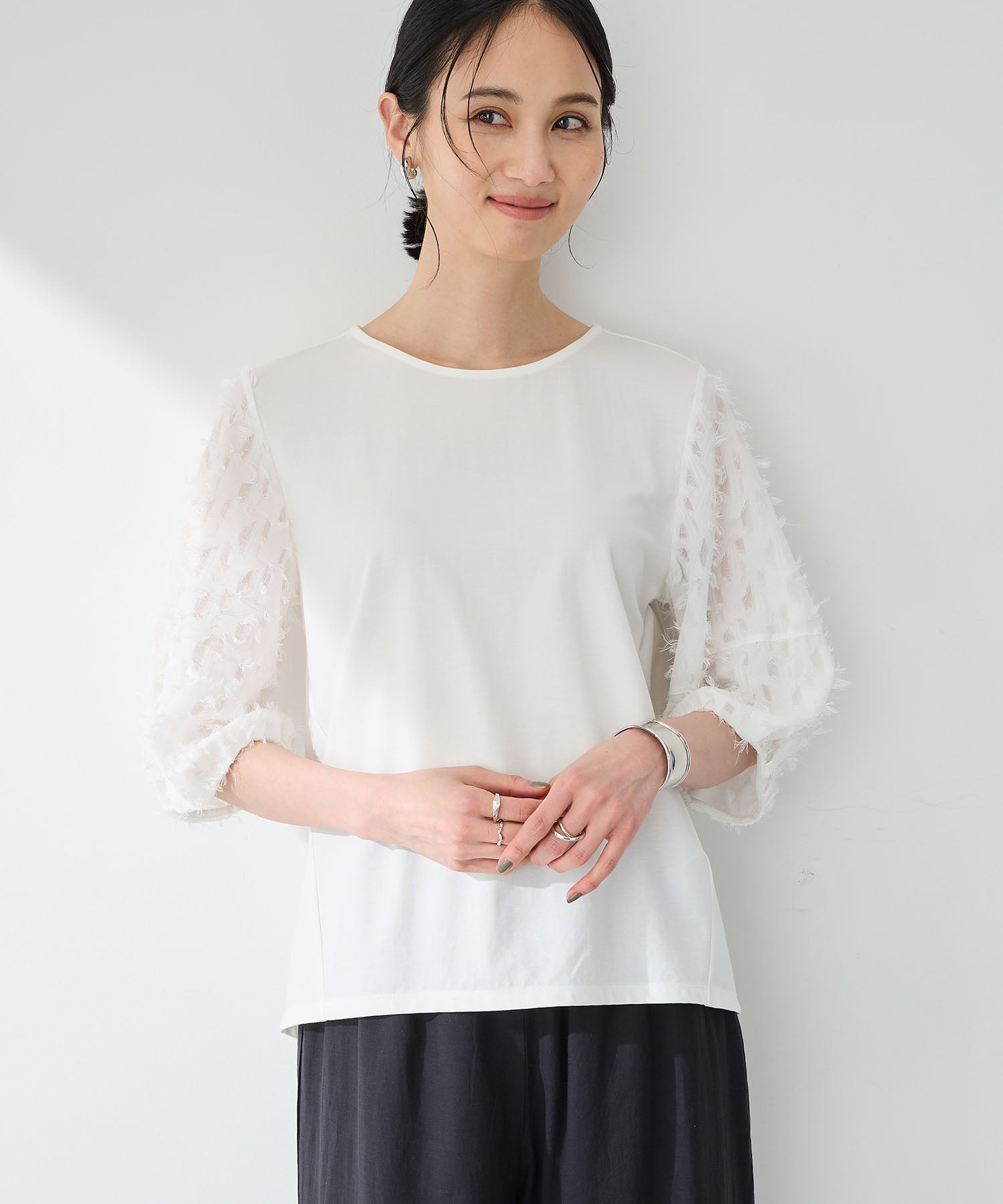 エーシーデザインバイアルファキュービック A/C DESIGN BY ALPHA CUBIC カットジャガード切替えプルオーバー【接触冷感・UVカット】 (オフホワイト) オフホワイト