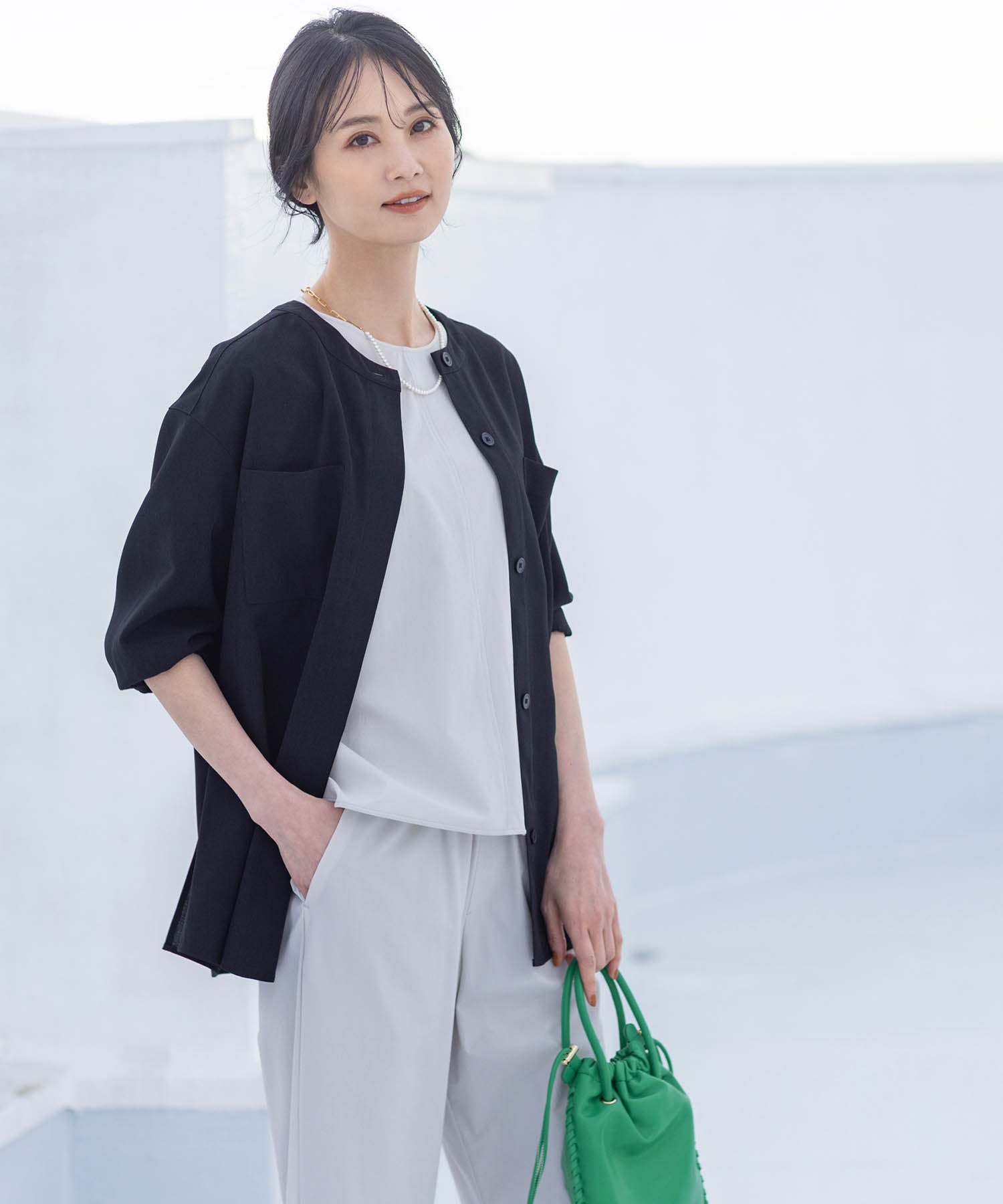 エーシーデザインバイアルファキュービック A/C DESIGN BY ALPHA CUBIC 【美モーション】ストレッチノーカラーシャツジャケット【接触冷感・UVカット】 (ブラック) ブラック